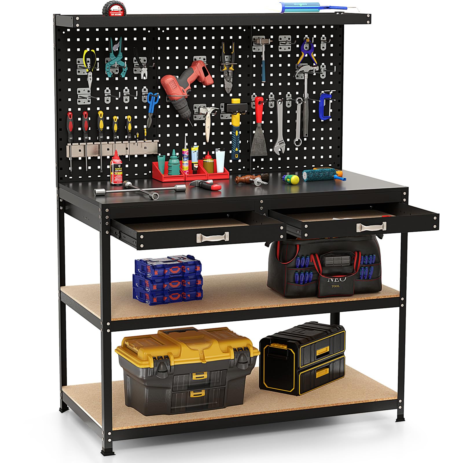 COSTWAY Banco da Lavoro con Piano da 120 x 60 cm, Banco da Lavoro Officina con Pannello Forato e 24 Ganci Porta Attrezzi, Tavolo da Lavoro per Garage con 2 Cassetti e 2 Mensole (Nero)