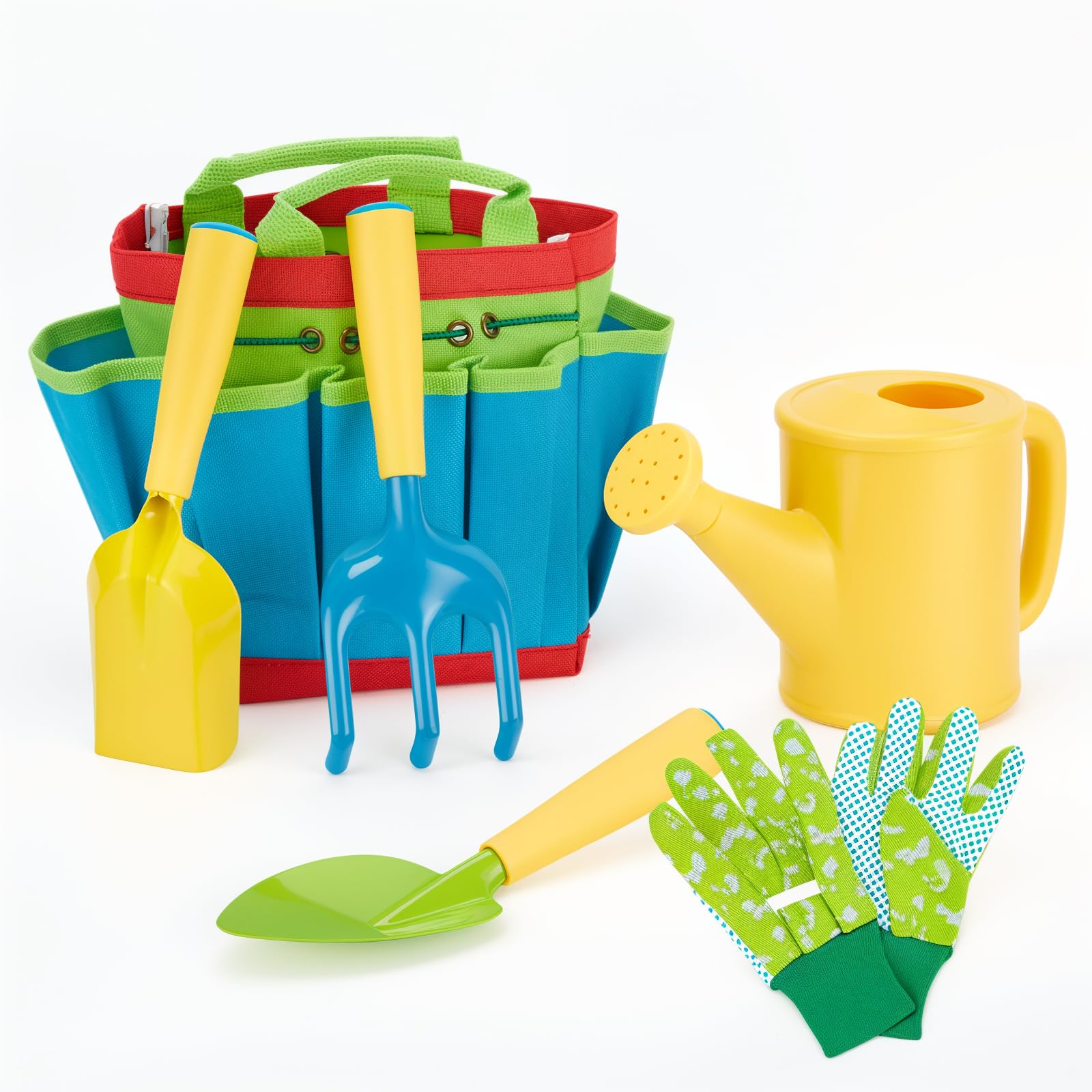 FITNATE Green Kids Garden Tools Set,6 PCS Garden Tools Including Watering Can, Shovel, Rake, Fork, Children Gardening Gloves and Garden Tote Bag, All in One Set