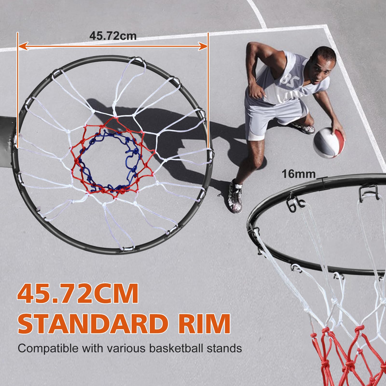 Anello da basket da 45 cm, stabile con doppia molla e rete per montaggio a pavimento e a parete, in acciaio, per interni ed esterni, nero