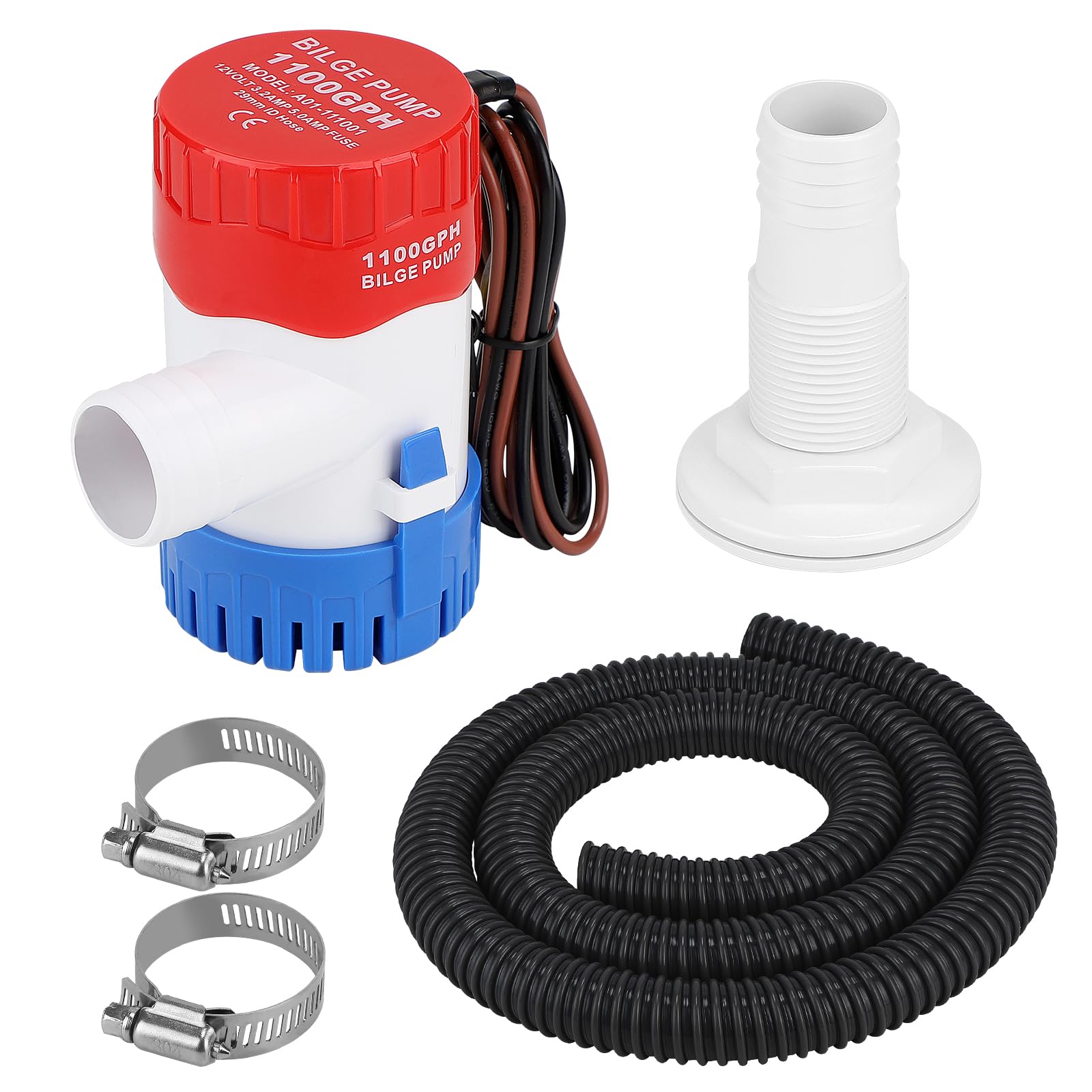 CPROSP Bomba de Achique 12V para Agua 1100GPH con Manguera de φ29mm con 1x 1,88M Manguera Gris y 2 Abrazaderas Silenciosa para Caravanas, Barcos de Pesca, Piscinas Pequeñas y Fuentes