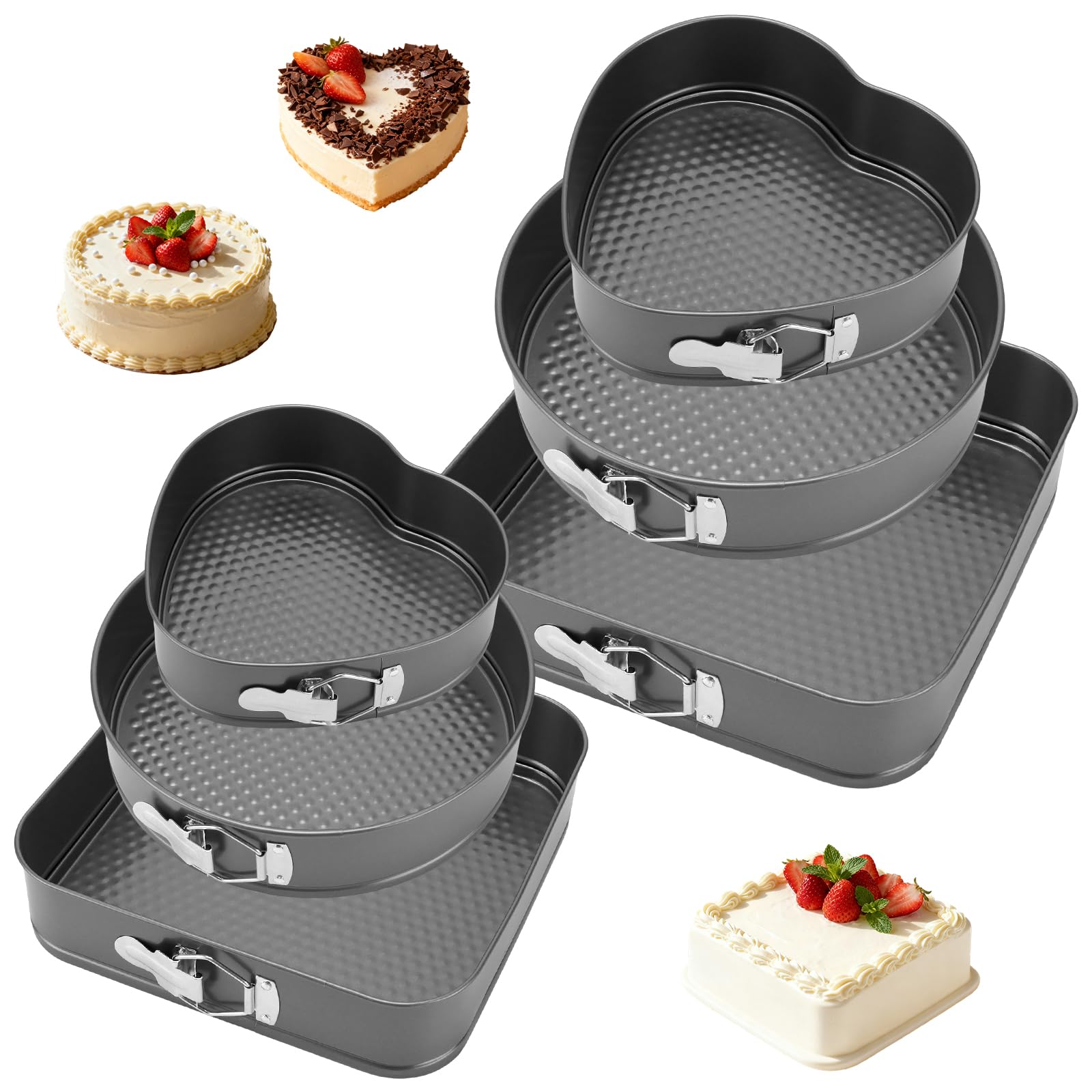 Zestaw 6 tortownic w kształcie serca, okrągłe, kwadratowe, nieprzywierające, 18-28 cm, czarne, zdejmowane płaskie dno, zestaw do pieczenia