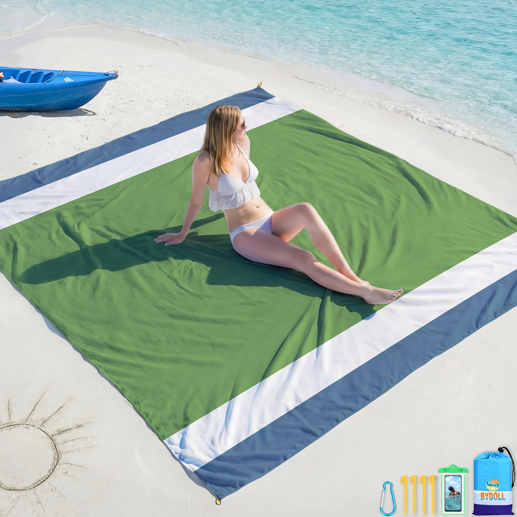 BYDOLL Beach Blanket Waterproof Sandproof Large Sand Free, 10'X9' Oversized Sandless Lightweight Blanket Picnic Mat for Beach Travel Camping Hiking with Stakes