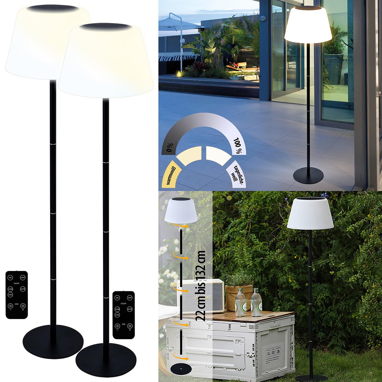Lunartec LED Stehlampe: 2er-Set Solar-LED-Tisch- & Stehleuchte, Fernbedienung, CCT, 400 lm (Akku Stehlampen, Akku Wohnzimmerleuchte, Farbe)
