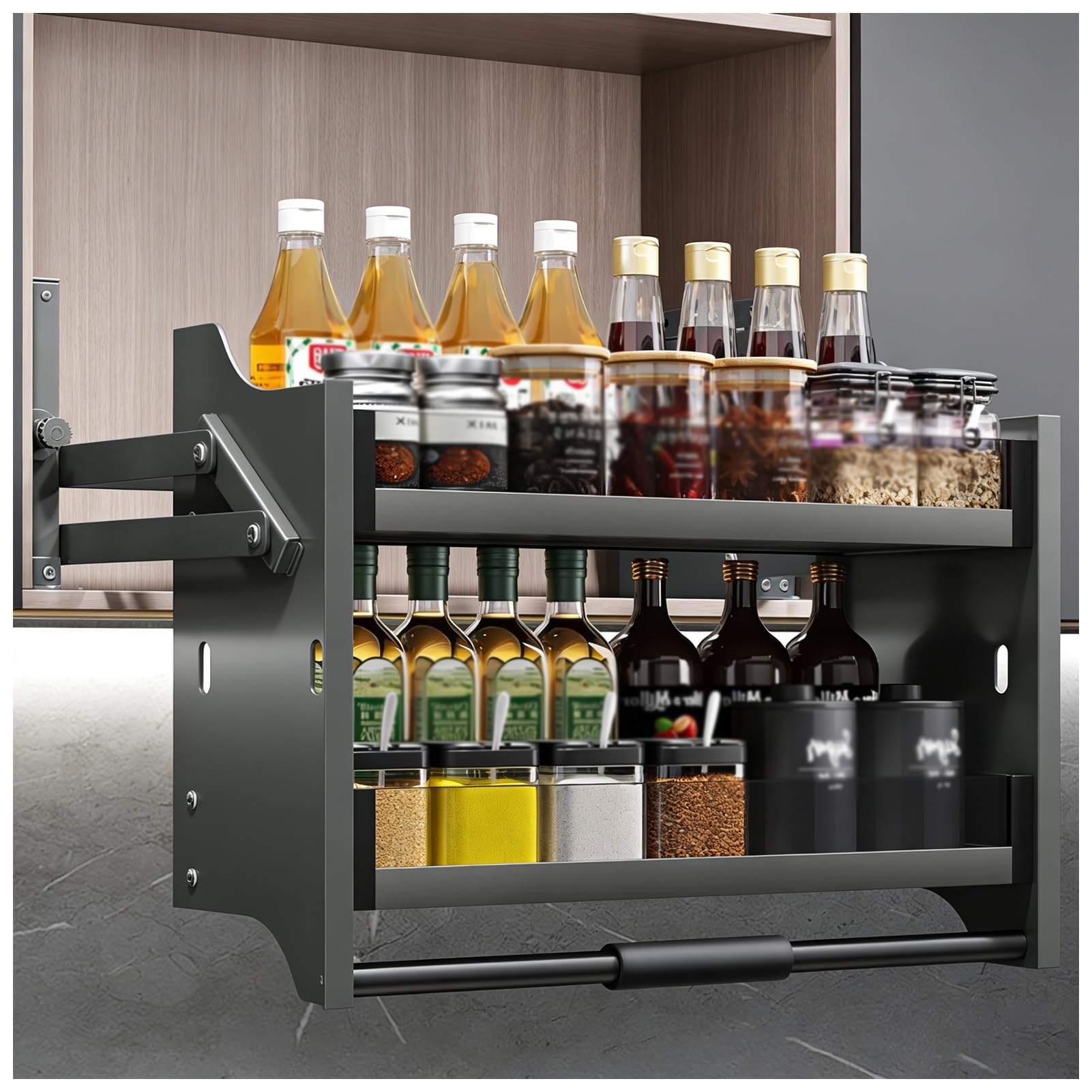 Ausziehbarer Schrank-Organizer, 2-stöckiges Metall-Küchenregal, verstellbares Hängeregal für obere Schränke, platzsparendes Gewürzregal für Küche, Speisekammer, Organisation (600)