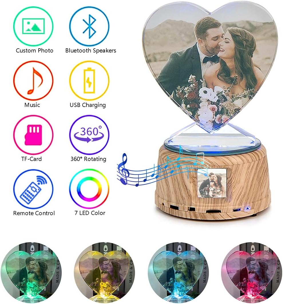Heart-Shaped Photo Customization Night Light Personalized 3D Crystal Lamp 6 Color Light with Speaker Crystal Photo Frame Best Gift for Couple Love Women Men Wedding Christmas