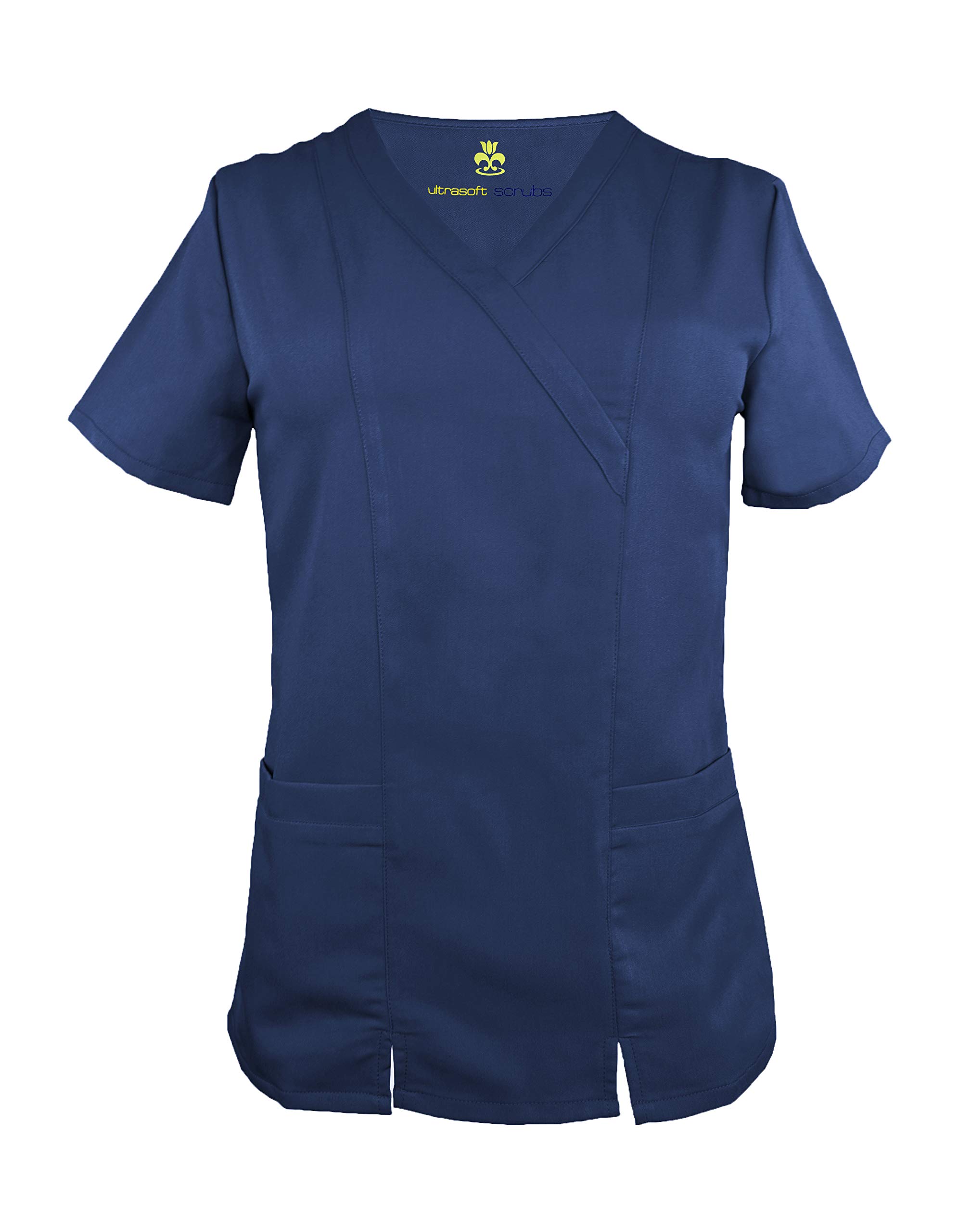 Soft Premium Professional Work-Wear 2 Pocket Cross Over Tunic Top and Pant Set (True Navy Blue, X-Small)