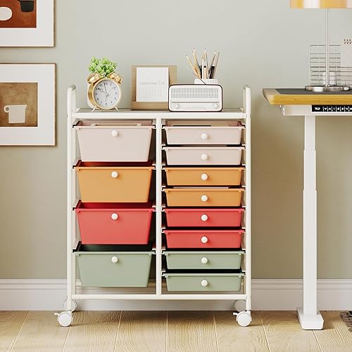 Vista 292 de LDAILY Carrito de almacenamiento con ruedas de 15 cajones, carrito rodante con cajones para aula, organizador de manualidades con ruedas con marco