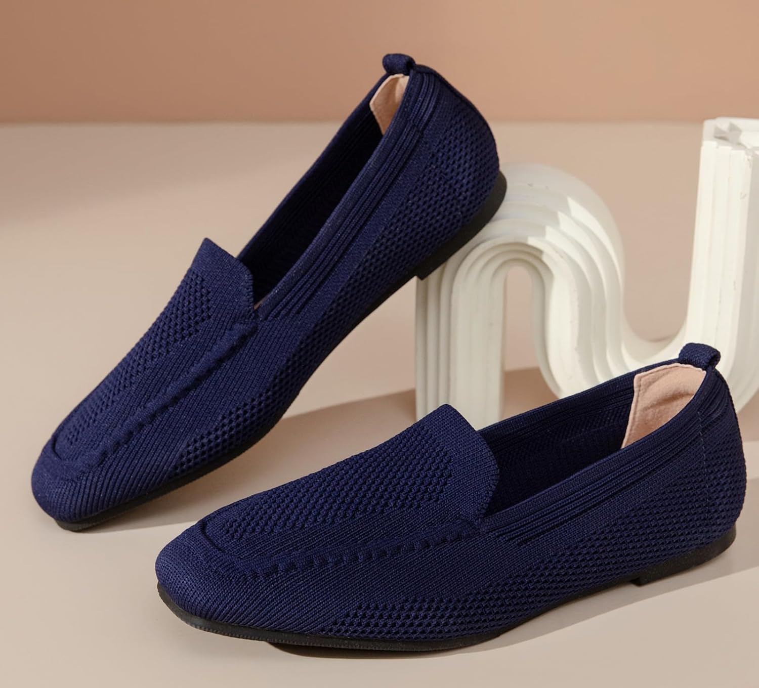 DADAWEN Womens Square Toe Flats Knit Dress Shoes Comfortable Women Shoes Slip On Shoes for Woman Soft Ballet Walking Flats Shoes