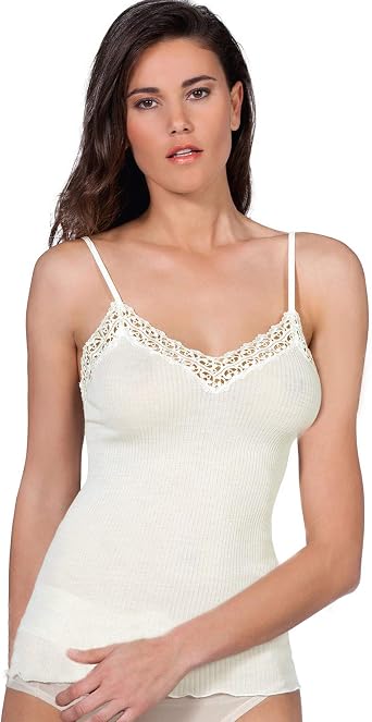 EGI Luxury Wool Silk Camisole Spaghetti Straps with Macrame Trim. Proudly Made in Italy.