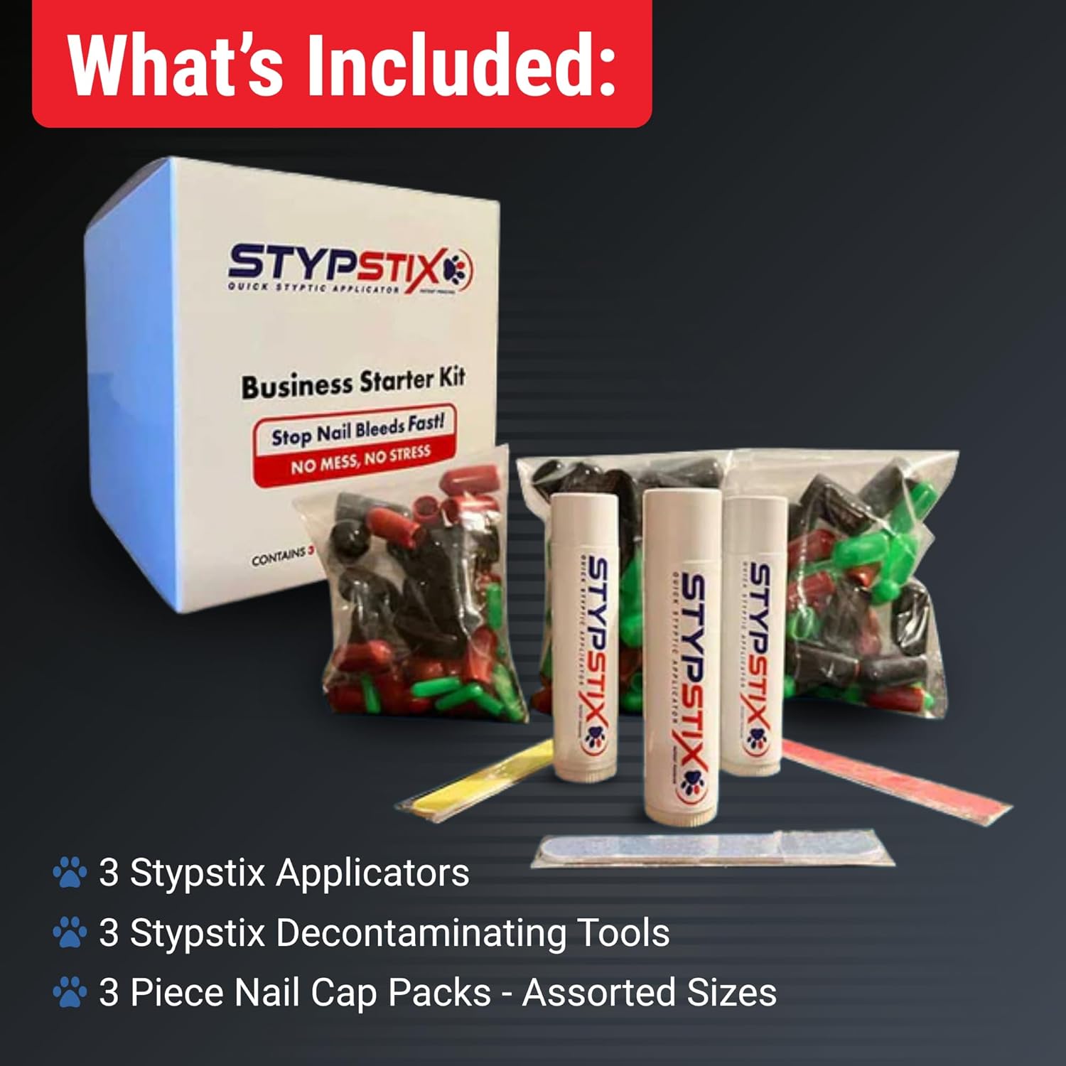 STYPSTIX- Dog Nail Bleeding Stopper (Business Starter Kit) | 3 (Clotting Agent Applicators), 3 (40 Assorted Nail Caps for Dogs Kits) | Stop Dog Nail Bleeds, Safe Animal Nail Care & Protection