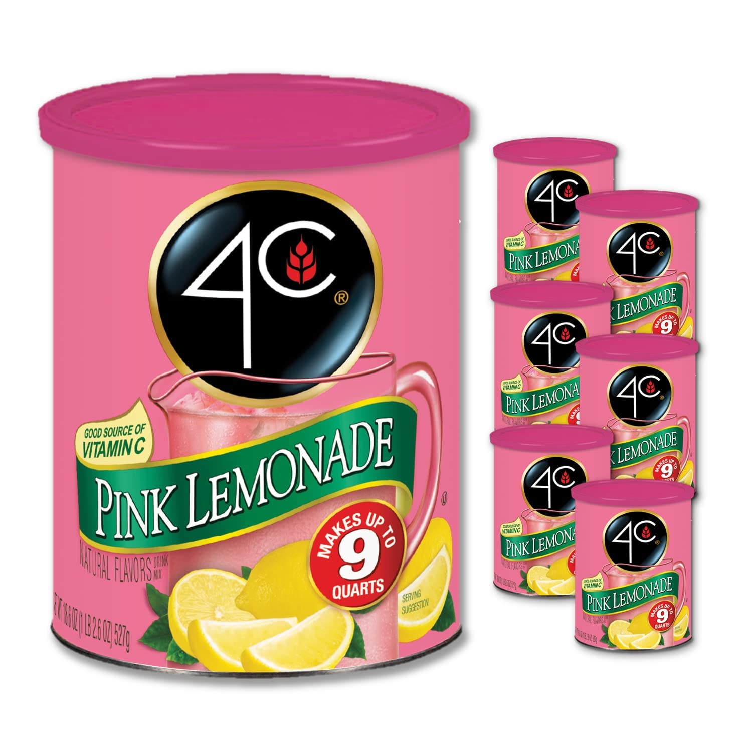 4C Powdered Drink Mix Canister, Pink Lemonade 6 Pack, 9