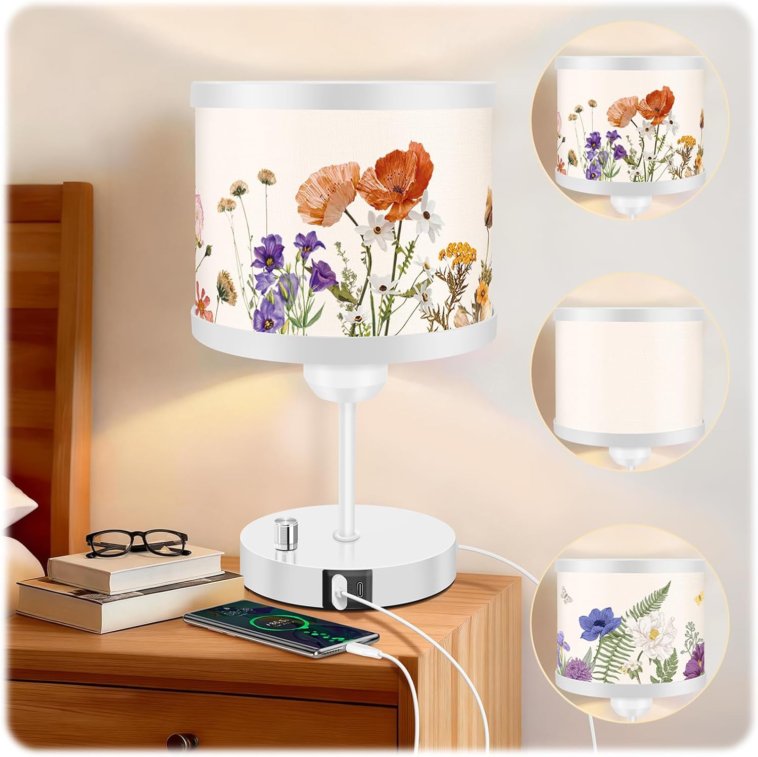 Dried Flower Small Table Lamp with 3-Mode Rotated Changing Printed Floral Shade, Metal Base and 5W LED Bulb, Warm Night Light Cottage Core Decor for Living Room Bedside Kitchen Desk (White)