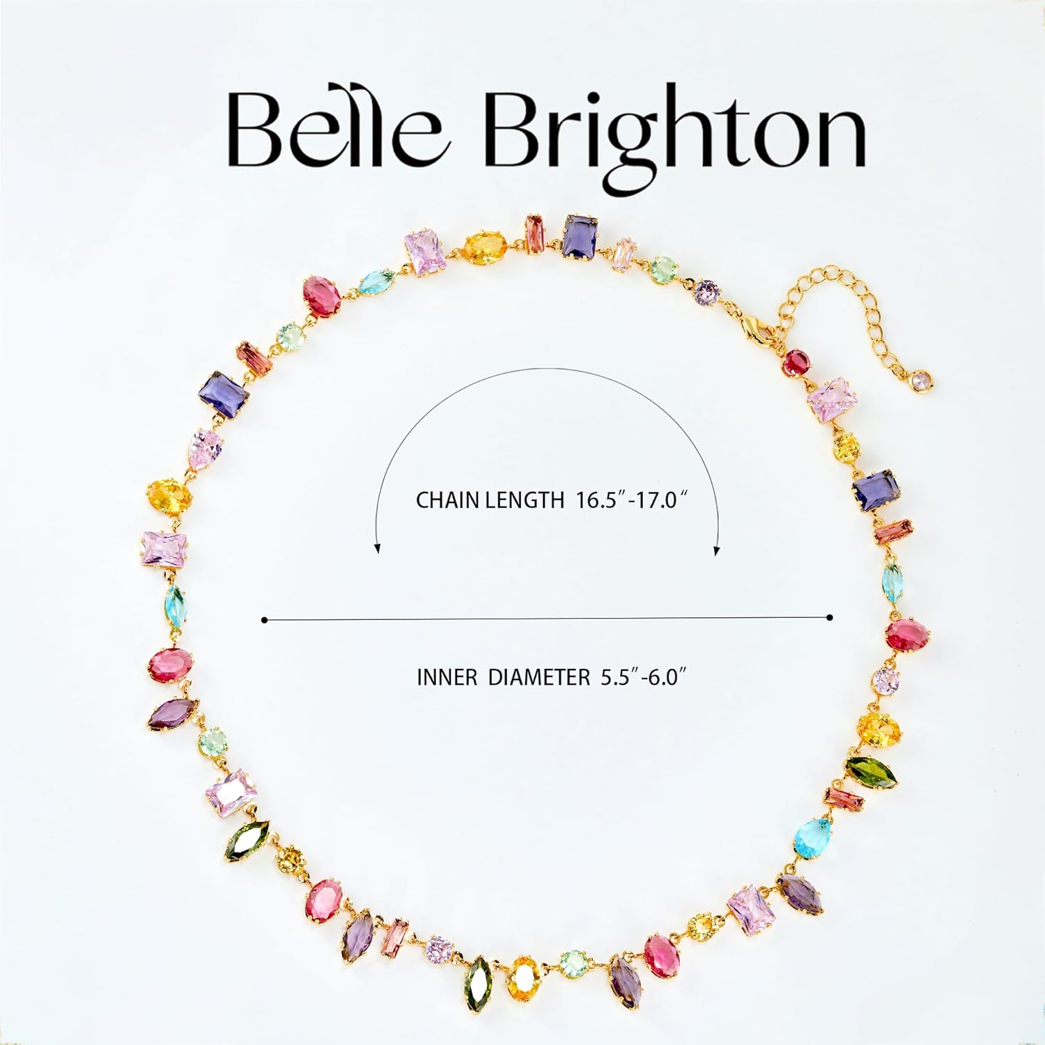 Rainbow Tennis Necklace 18k Gold Plated Chain Necklace with Oval Square Round Shape Cubic Zirconia 18.5" Choker Necklace Elegant Jewellery Trendy Gift for Girlfriend Mother - Image 7