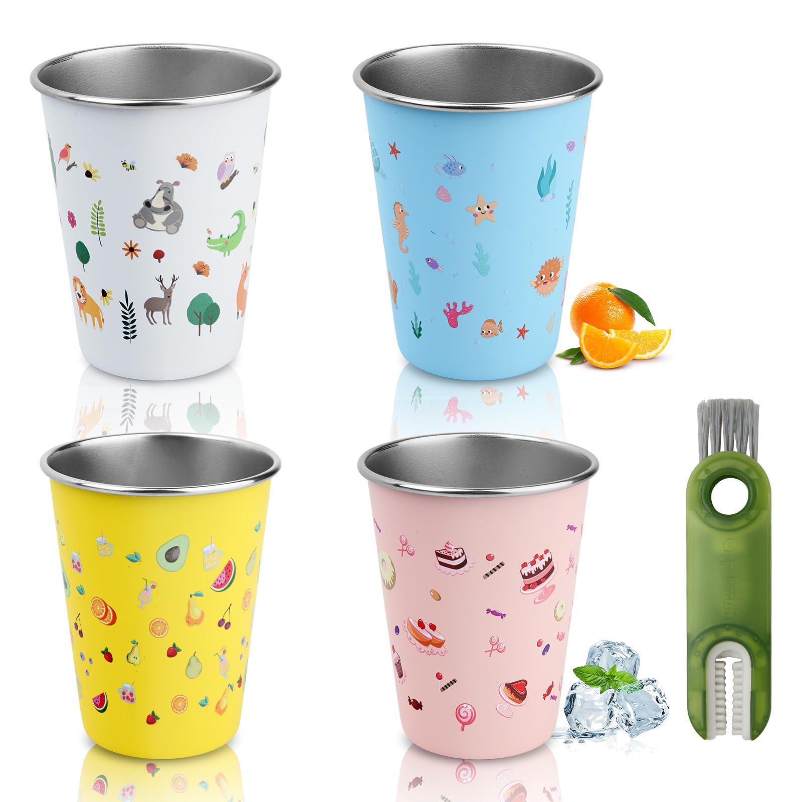 GEEKHOM Set of 4 Stainless Steel Cups for Kids, 350ml Reusable Children’s Metal Cups with Cleaning Brush, Tumblers with Fun Cartoon Prints, Perfect for Home School Camping Travel (4 Colors)