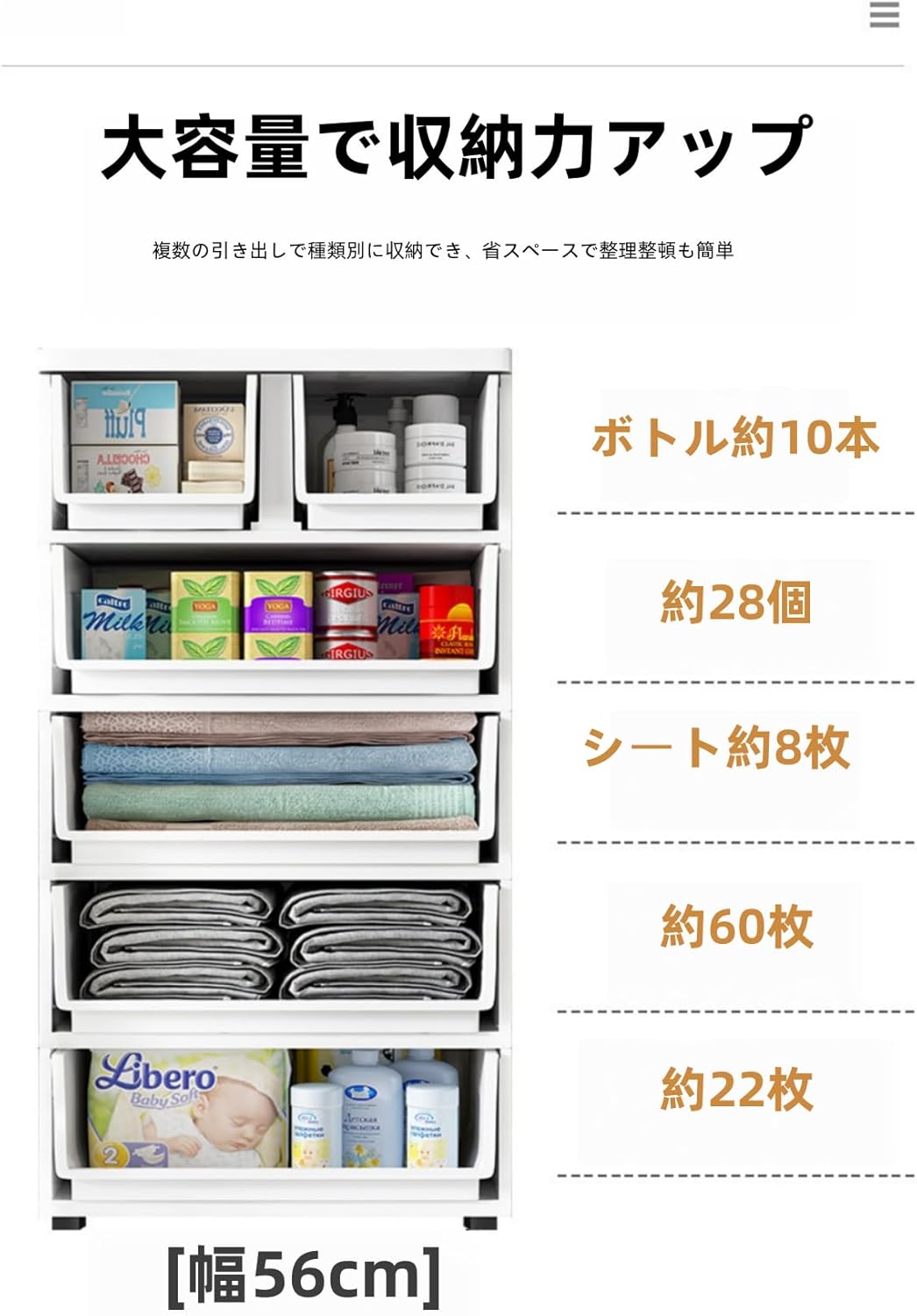 Tomeka多機能キャビネット 収納ボックス ワードローブ 引き出し キャスター付き 大容量 転倒防止 耐荷重 プラスチック製 おし