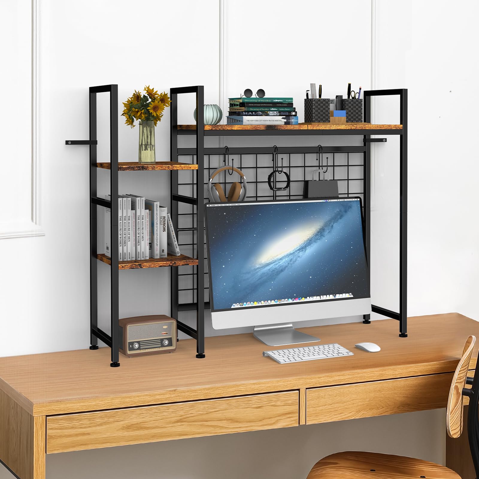YBING Libreria da scrivania per computer, Organizer da Scrivania, Mensola da Scrivania per la Parte Superiore Della Scrivania, Nera, a 4 Ripiani, Multiuso, in legno, con Ripiano Regolabile