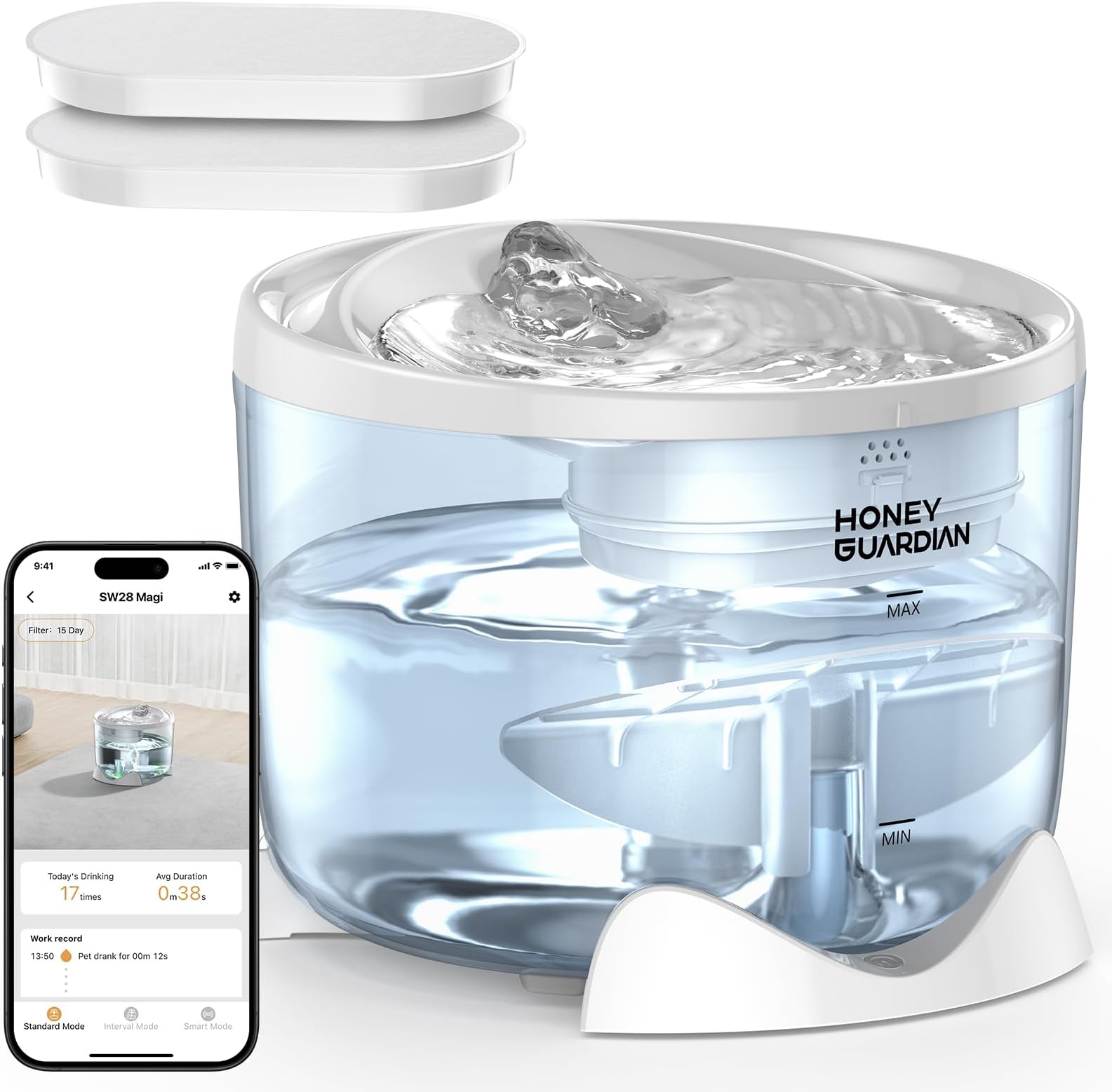 HoneyGuardian Cat Water Fountain,Battery Operated Smart Pet Fountain, Pumpless Cat Water Dispenser, 2.5L/84oz Automatic Water Dispenser for Drinking,5G WiFi