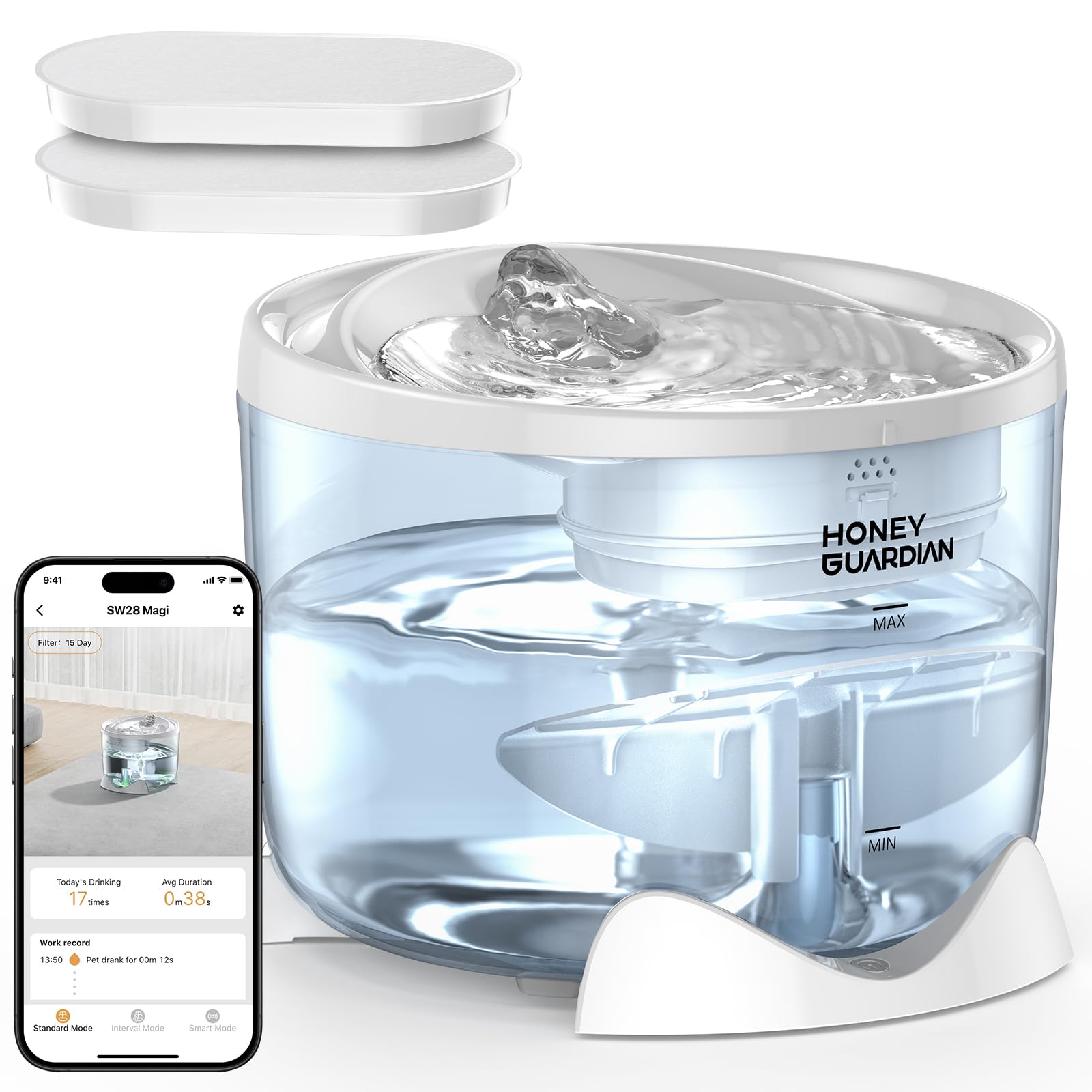 HoneyGuardian Fontanella per Gatti con WiFi 5G/2.4G, 2.5L Ultra Silenziosa Fontanella per Gatti Senza Fili, 3 Modalità/Indicatore Luminoso Intelligente/Livello Acqua Visibile — Include 2 filtri