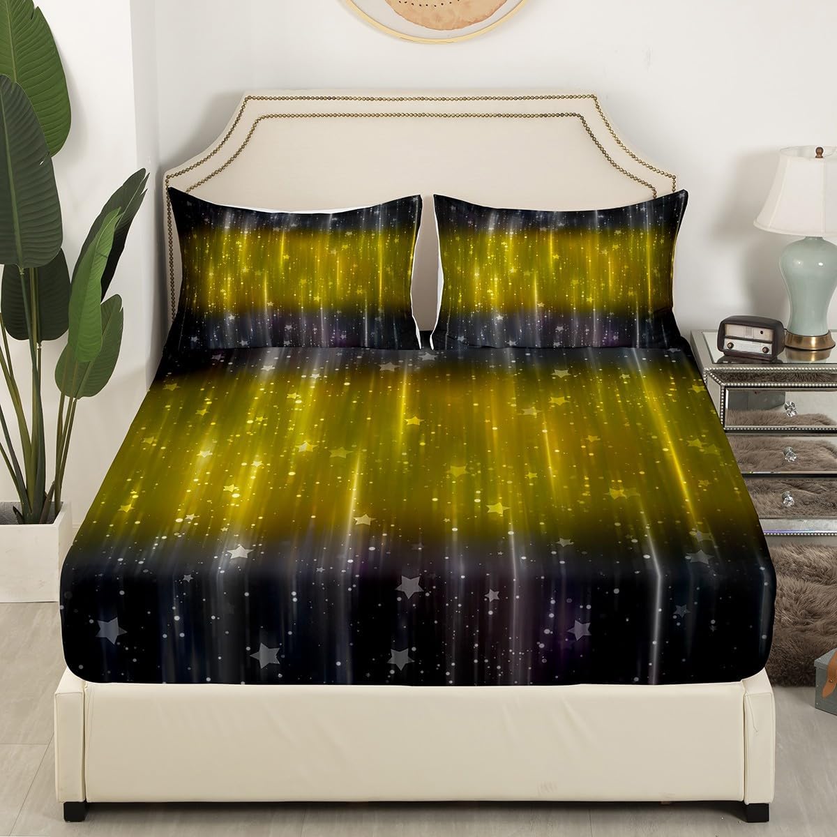 Erosebridal Orange and Black Ombre Bed Sheets Black and Grey Gradient Fitted Sheet Full Size, Sparkling Stars Bedding Aesthetic Glowing Sheet, Modern Abstract Neon Bed Cover (Deep Pocket)