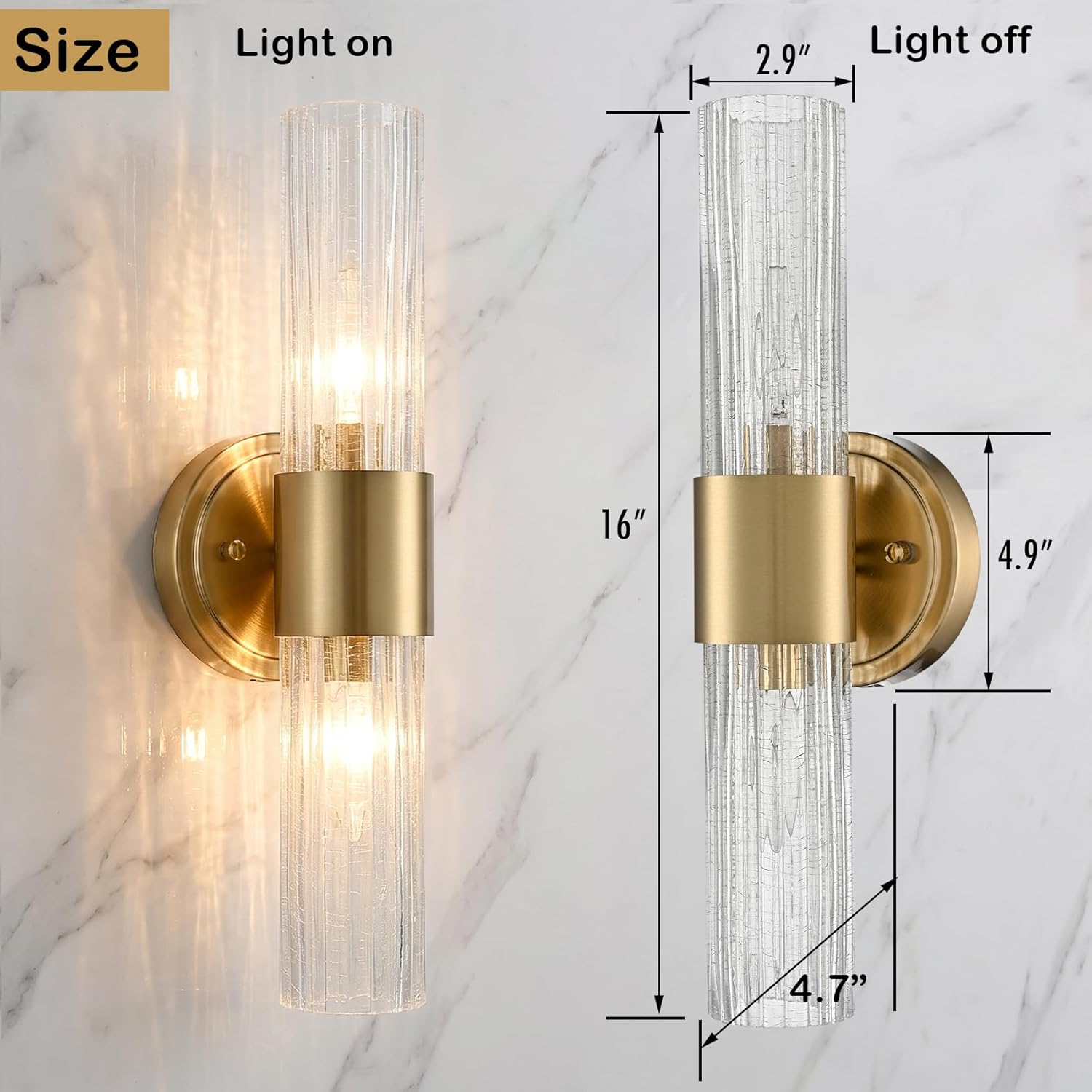DEYNITE Modern Wall Sconce with Crackle Reeded Glass Shade, Modern Gold 2-Light Wall Light, Indoor Wall Lighting for Bedroom Bathroom Hallway Vanity