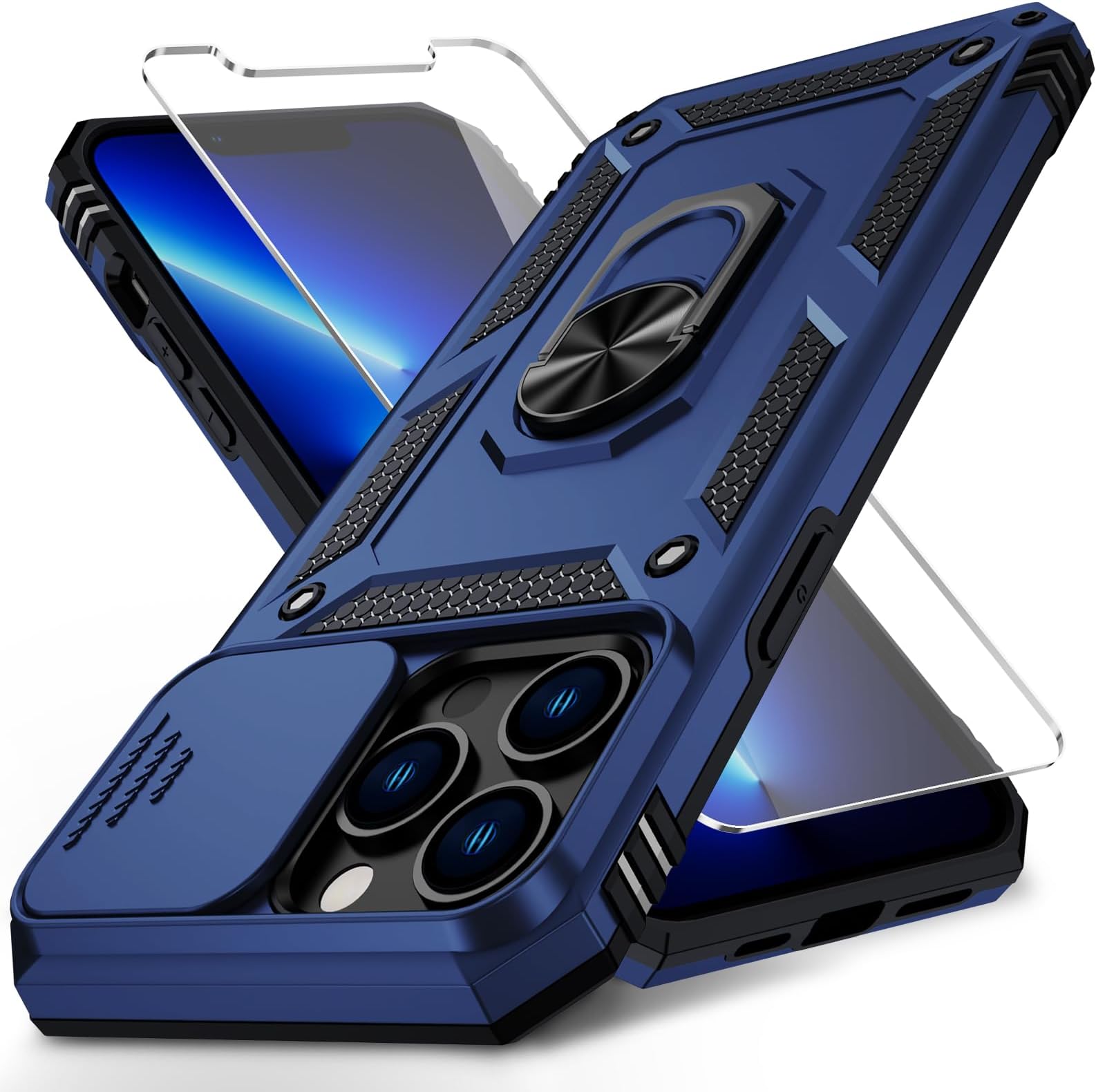 for iPhone 12 Pro Max Case with Camera Lens Cover, HD Screen Protector, 10 FT Military Grade Drop Protection, Magnetic Ring Holder Kickstand Protective Phone Case for iPhone 12 Pro Max ,Navy Blue