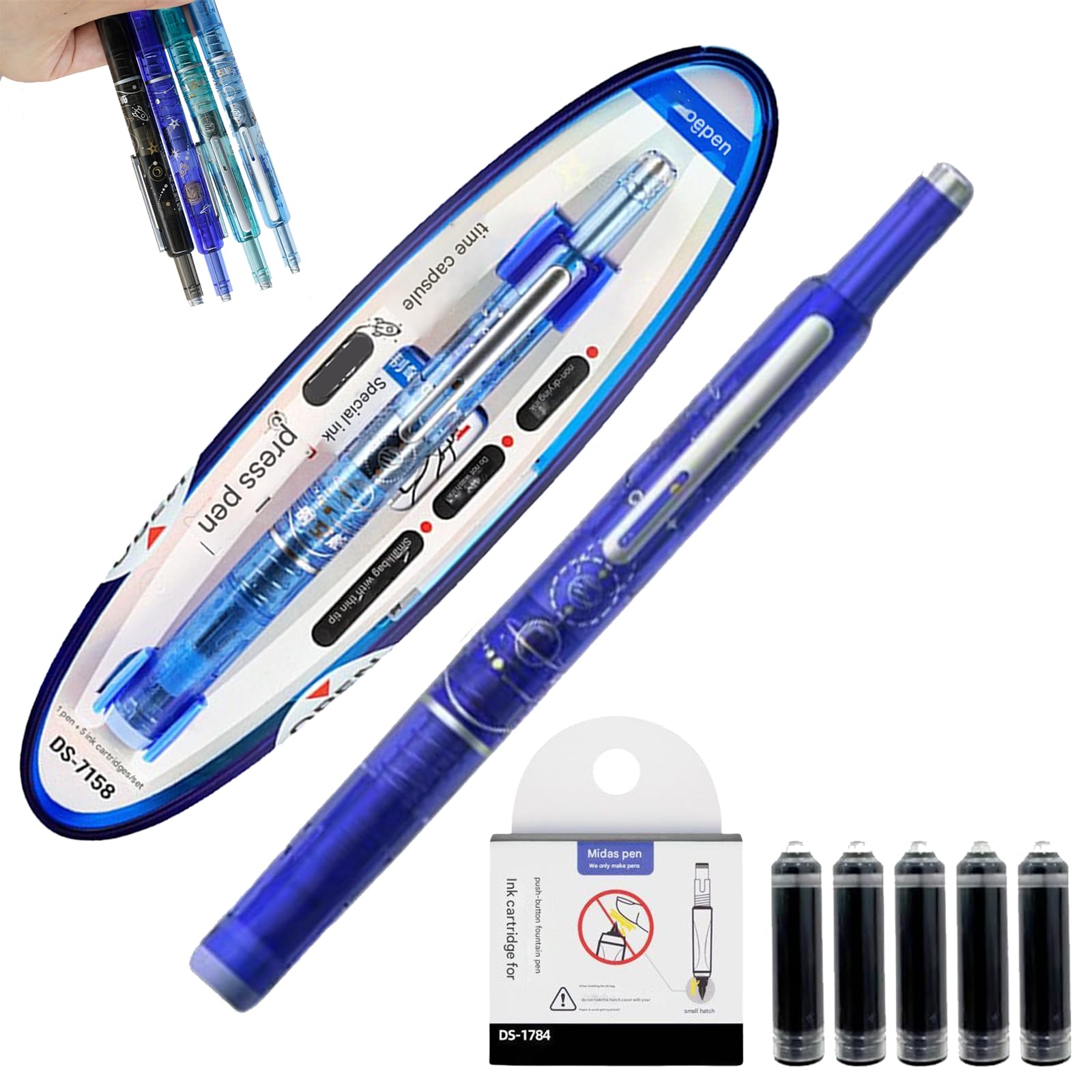 Retractable Fountain Pen, Refillable Fountain Pen, 0.38mm Blue&Black Ink Transparent Barrel Includes 5 Refillable Ink Cartridges for Smooth Writing No Leaking (Dark blue, Erasable ink blue)