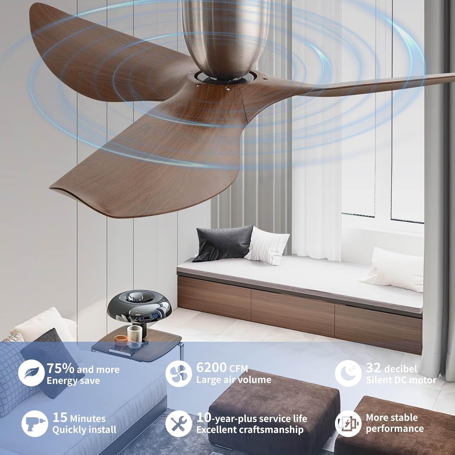 60-Inch Ceiling Fan Without Light, Modern Low-Profile Flush Mount Fan with Remote, 6-Speed Reversible Quiet DC Motor,for Balcony, Living Room, Bedroom (No Light)