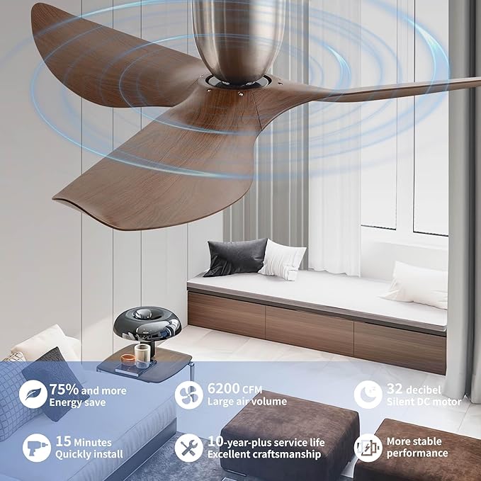 Ventilador de Techo 60 Pulgadas Sin Luz, 6 Velocidades, Moto miniatura 5