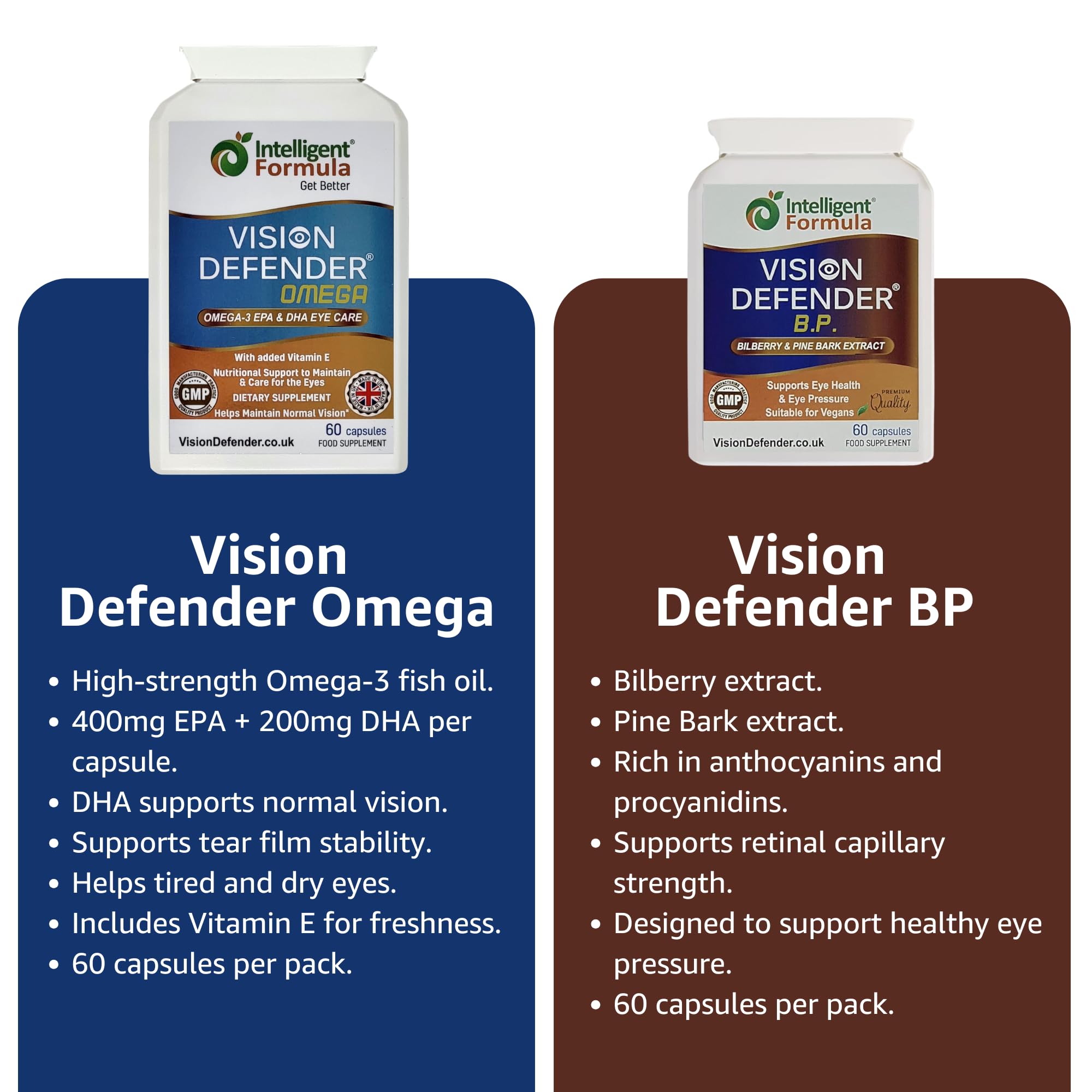 Vision Defender BP e Vision Defender Omega Bundle Cura Occhi - Estratto Mirtillo Corteccia di Pino Omega-3 Olio Pesce - (EPA-DHA) Vitamina E - Integratori Occhi Secchi Comfort - 120 Capsule - UK