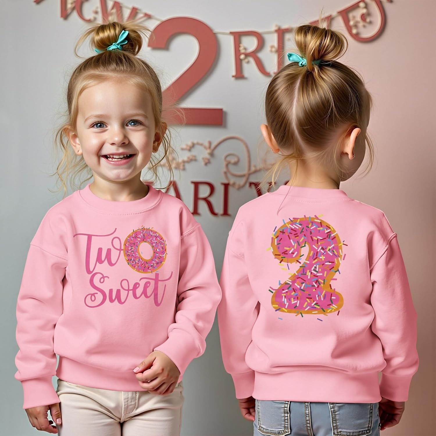 MODNTOGA Birthday Girl Sweatshirt Toddler Kids Two Sweet Print Donuts Graphic Long Sleeve Shirt 2T Bday Party Outfit Tops