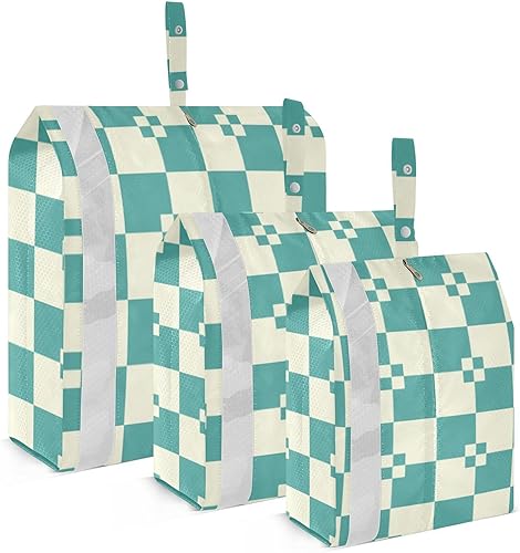 Teal Beige Checkered 3pcs Travel Packing Storage Bags Portable Organizer Closet Storage Suitcase Organizer Bag Travel Suitcase Organizer