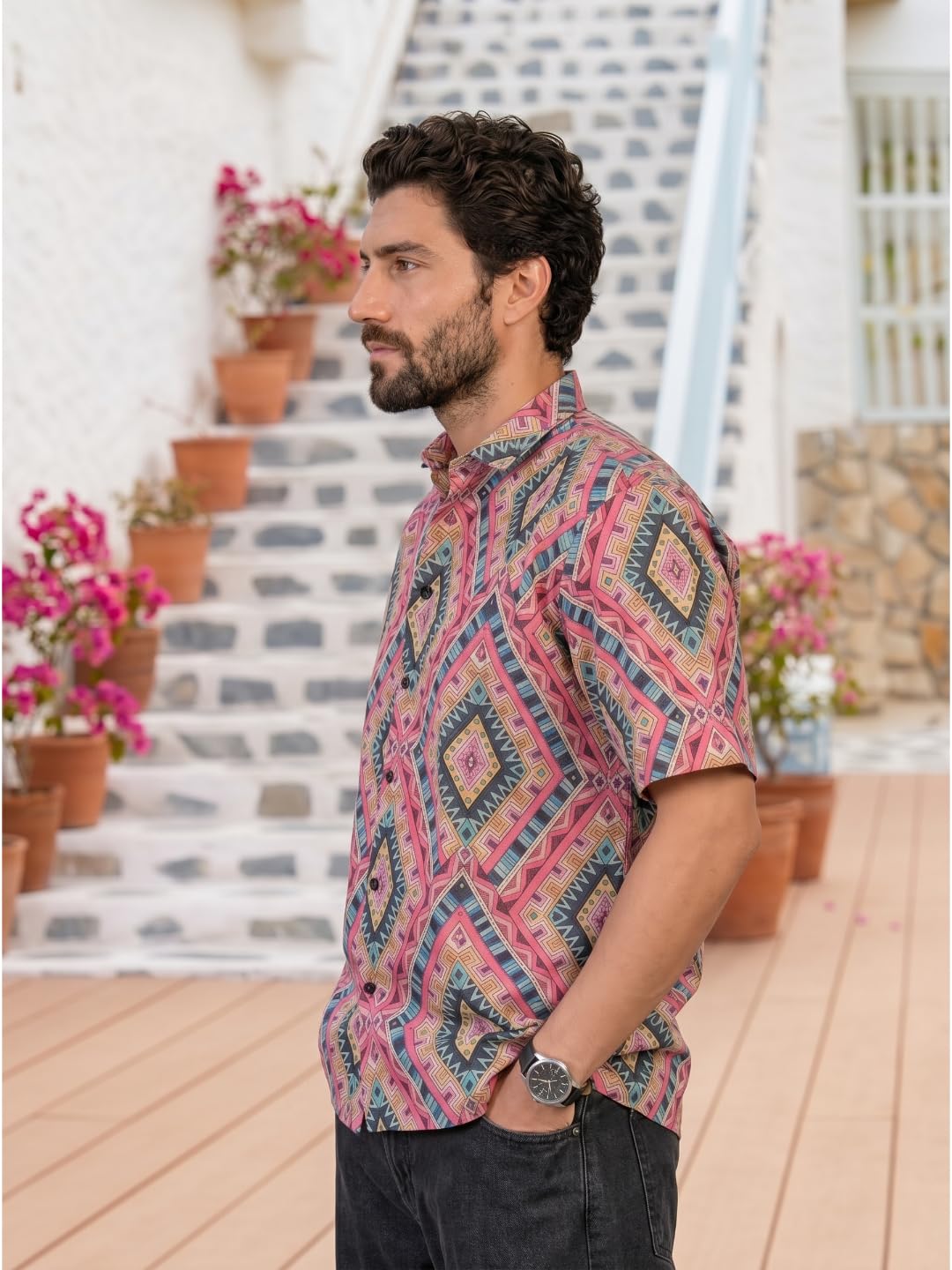 BROWN CULTURE Camicia da uomo con stampa in misto cotone, collo alto, mezza manica, orlo dritto oversize, lunghezza e chiusura con bottoni, camicia formale da uomo