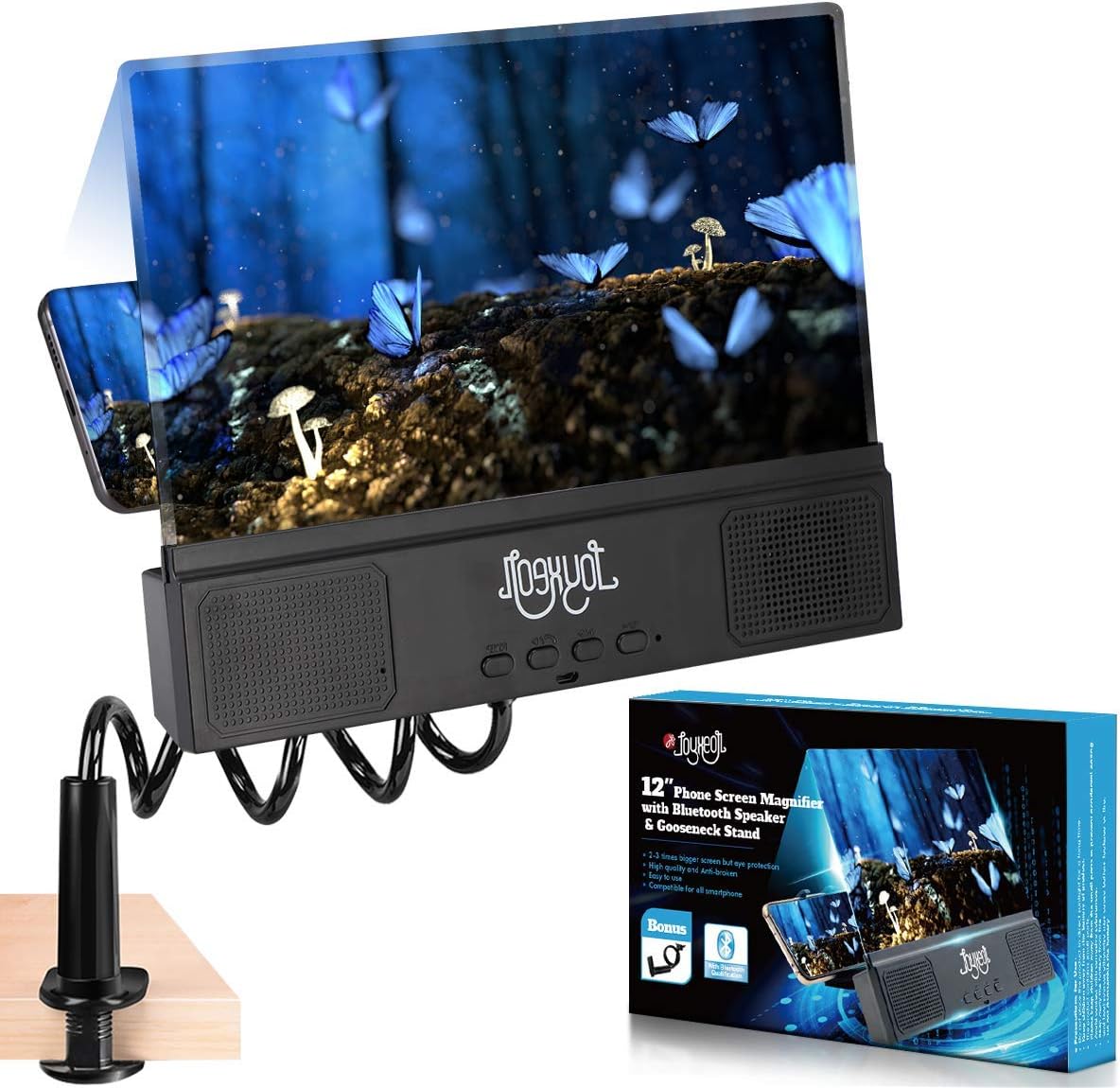 12'' Phone Screen Magnifier with Bluetooth Speaker & Gooseneck Stand, JOYXEON 3D Phone Screen Enlarger Amplifier Projector Magnifing Screen Enlarger Compatible with All Smartphones