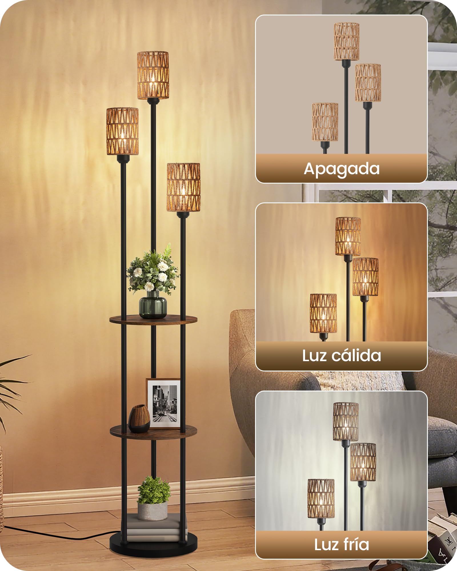 Lámpara de Pie con Estante, Estilo Bohemio, con 3 Pantallas de Imitación Ratán y 1 Interruptor de Pie, para Sala de Estar, Dormitorio, Oficina, Marrón Rústico y Amarillo
