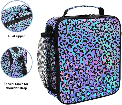 Miniatura 2 de MNSRUU Bolsas de almuerzo para niños y niñas, con estampado de leopardo degradado de neón brillante, reutilizable, aislada, kit de bolsa térmica