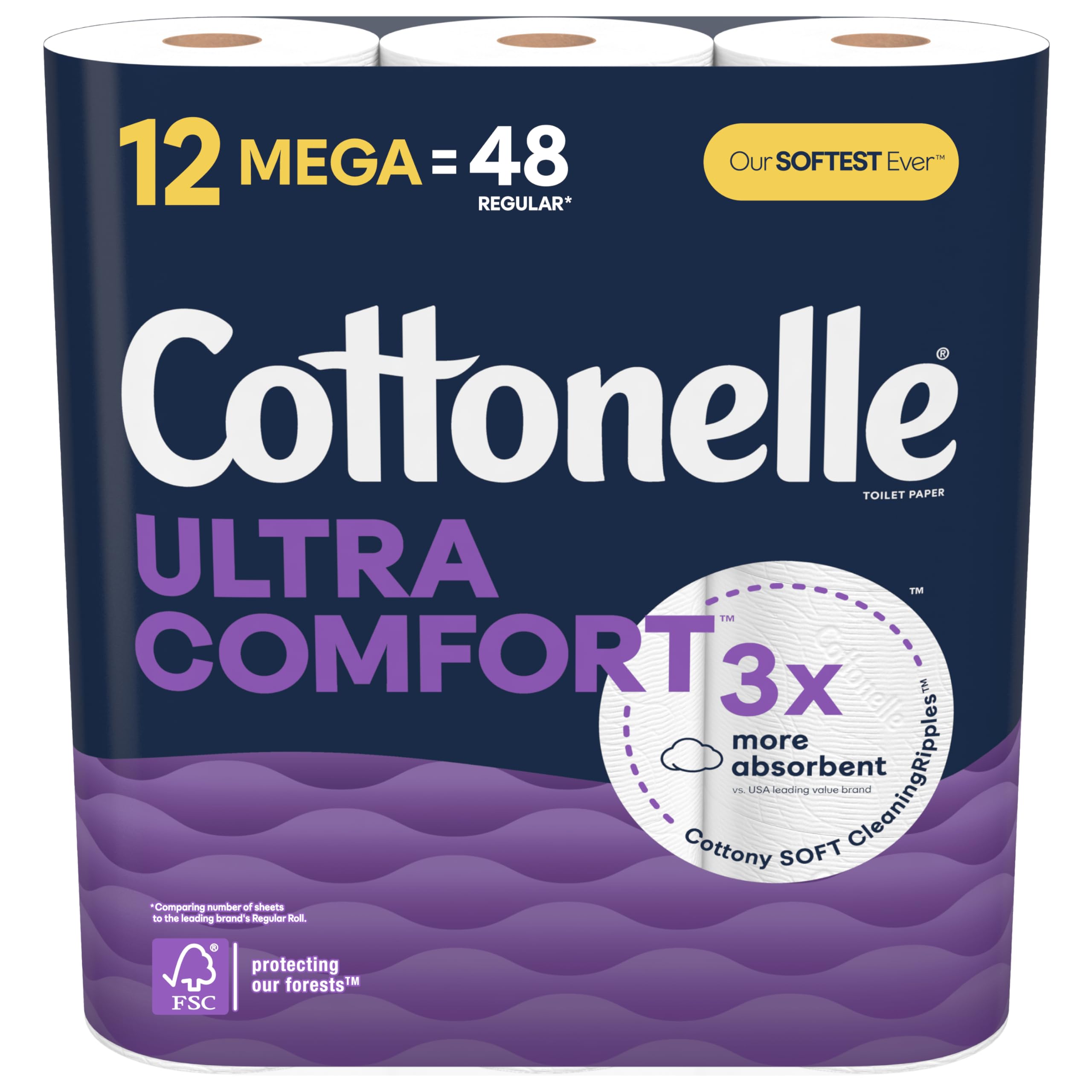 Cottonelle Ultra Comfort Toilet Paper, 12 Mega Rolls (12 Mega Rolls = 48 Regular Rolls), 244 Sheets per Roll, Packaging May Vary