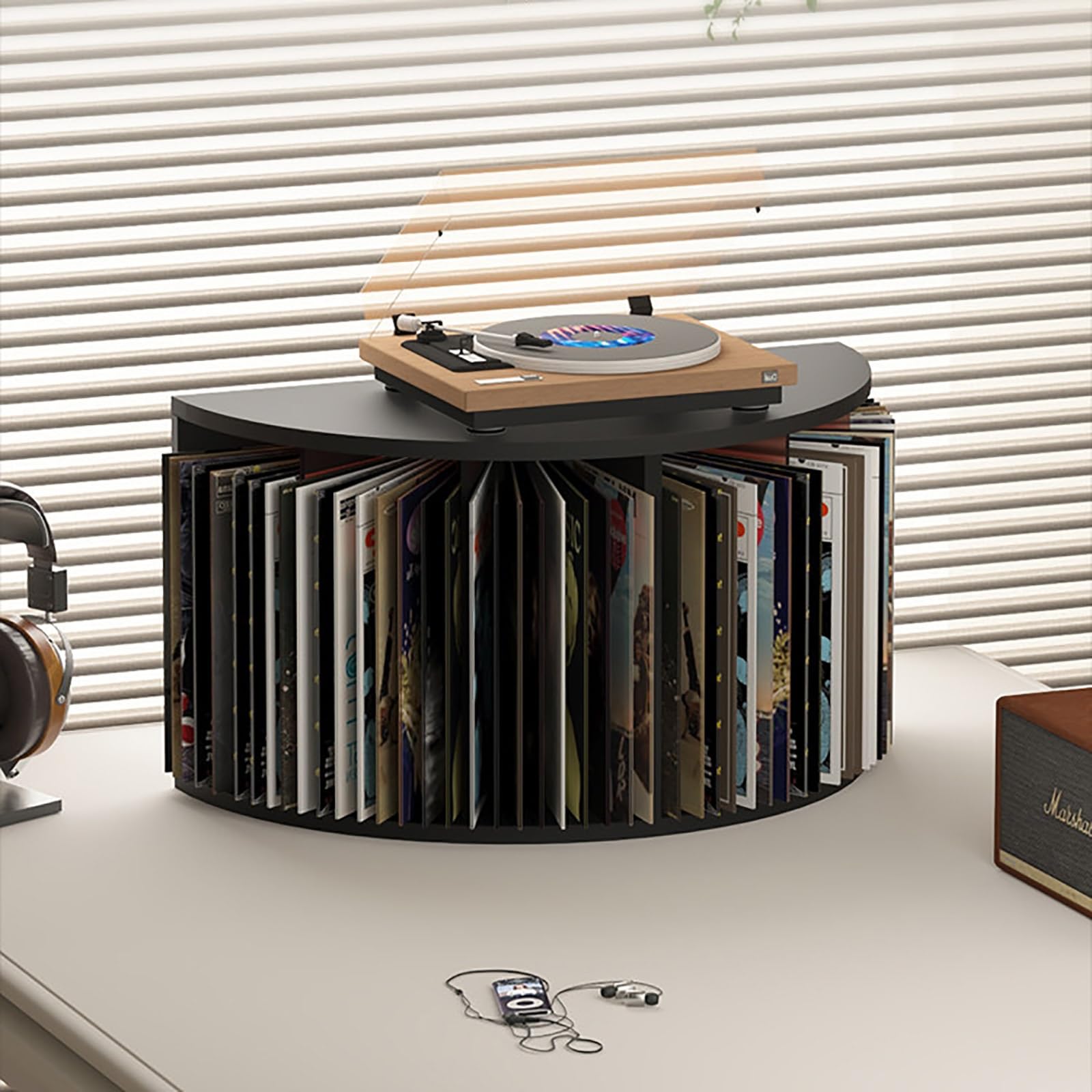 Stojak Na Gramofon Z Miejscem Na PłYty Winylowe DużY Stojak W Stylu Mid-Century MieszcząCy Do 55 PłYt Winylowych(Czarny)
