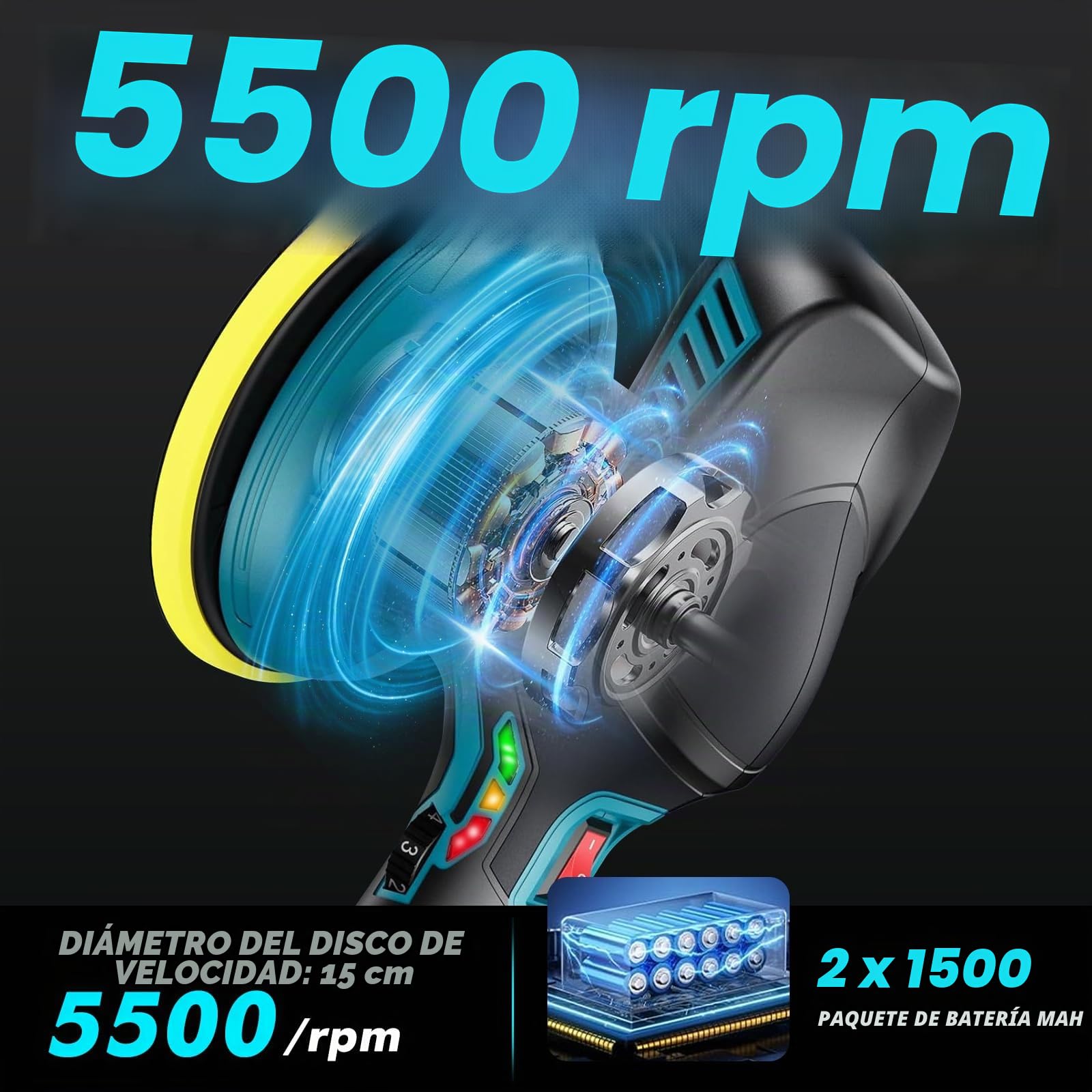 Pulidora Inalámbrica 21V, Máquina de Pulir y Encerar Coches, 6 Velocidades Variables Pulir de 5500 RPM, Pulidora para Encerar y Eliminar Arañazos del Coche, con 2 Baterías y Accesorios