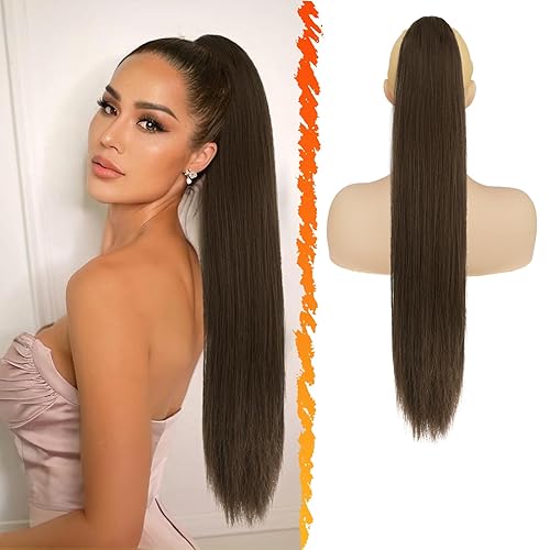 Miniatura 31 de BARSDAR Extensión de Cola de Caballo Corta y Recta - Extensiones de Cabello de Cola de Caballo Negra con Cordón de 16 Pulgadas para Mujeres