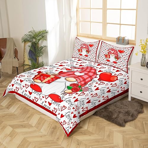 Miniatura 3 de Juego de funda de edredón de gnomo para el día de San Valentín, tamaño Queen, juego de ropa de cama con estampado de corazón rojo para niños, niñas,