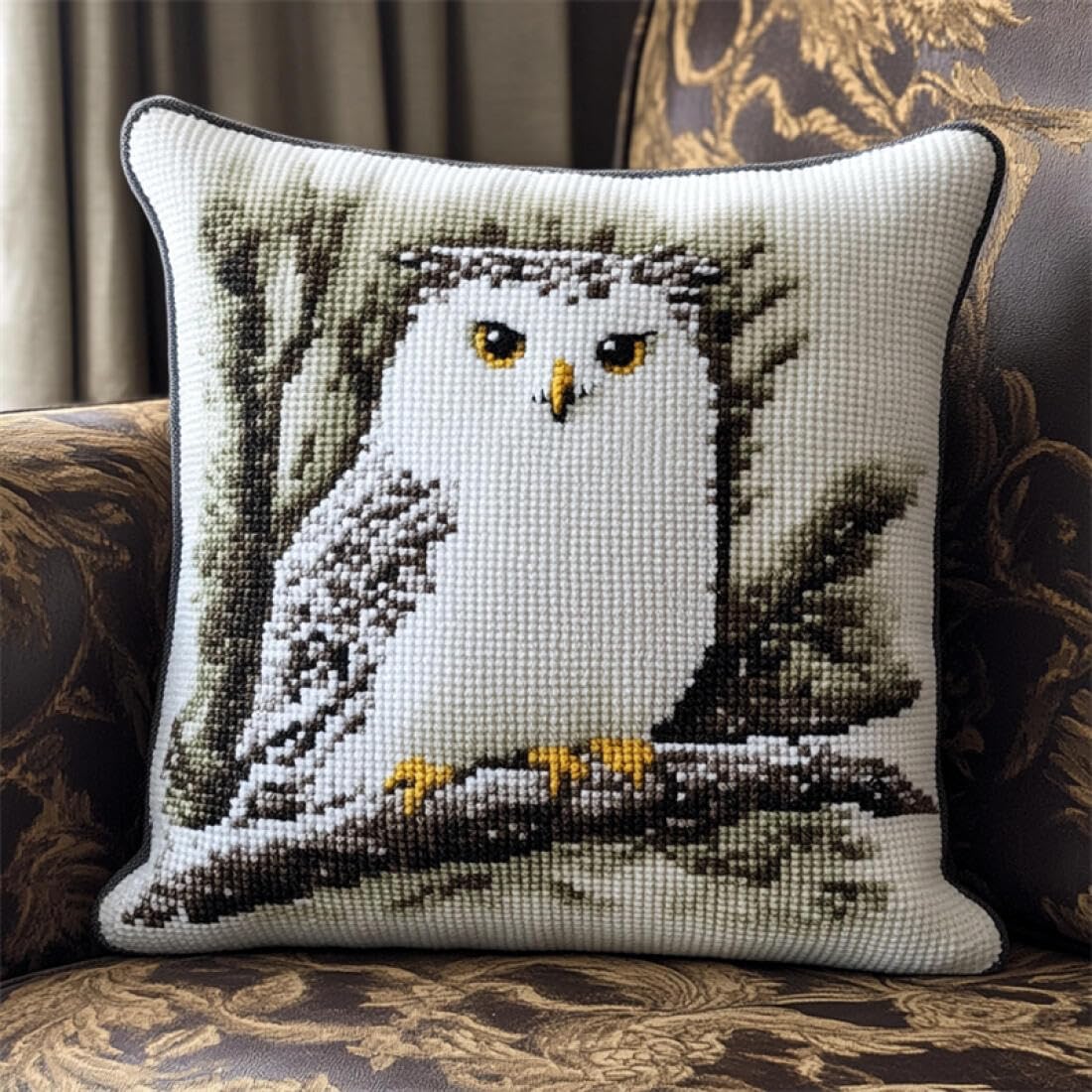 Kitquiver Animal Latch Hook Cushion Kits Fantasy Owl Crochet Needlework Crafts with Latch Hook Tool for Adults DIY Handmade Home Cushion Kits Decor 17x17In
