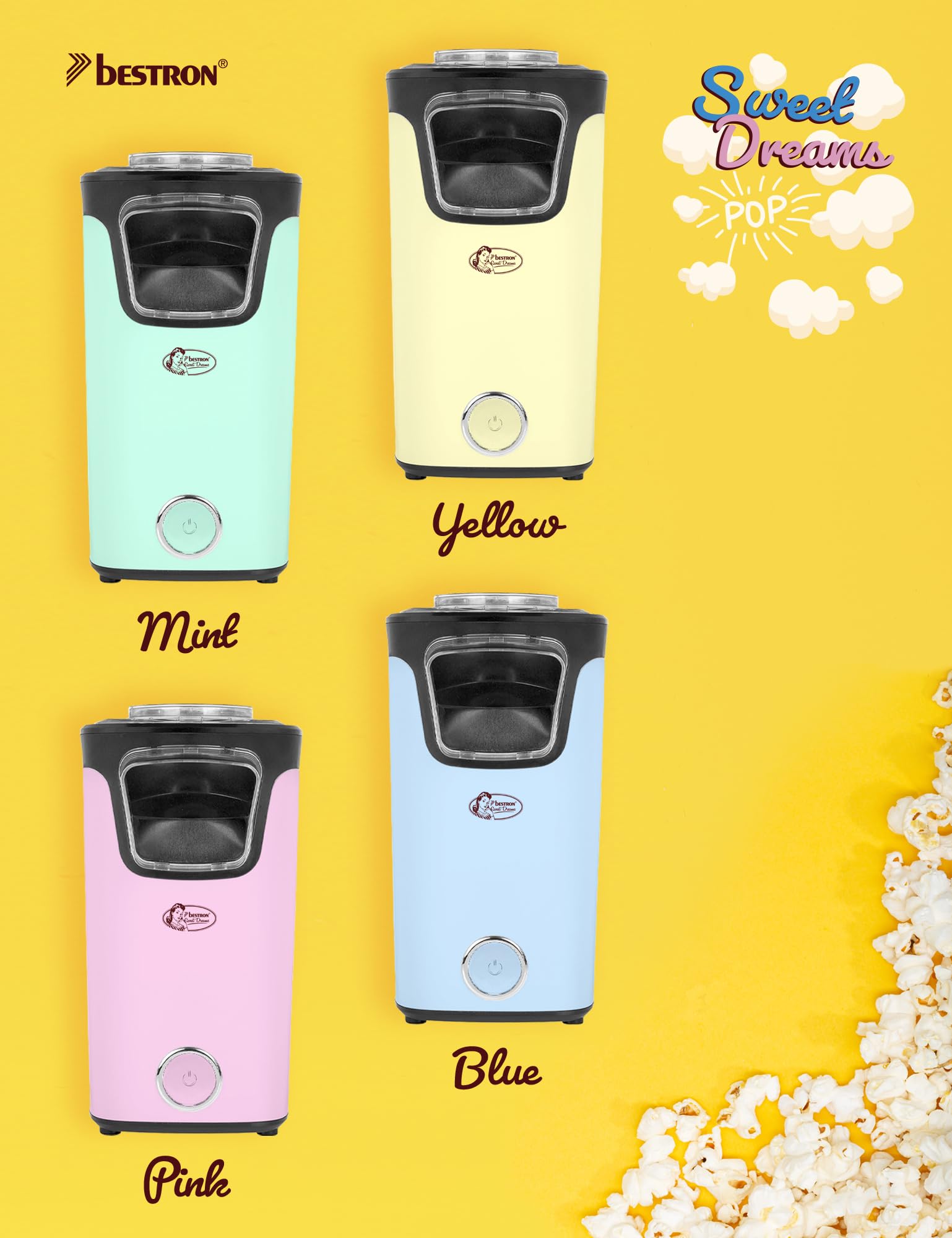 Bestron Palomitero, Turbo-Palomitas en menos de 2 minutos, con tecnología de aire caliente, incluye 10 bolsas de palomitas y taza medidora integrada, colección Sweet Dreams, Color: Amarillo