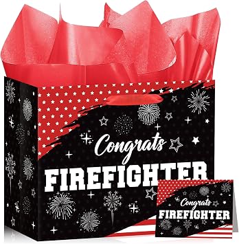 Firefighter Gift Bag Congrats Firefighter Gift Bag with Tissue Paper Card Red and Black Line Flag Firefighter Theme Wrapping Paper Bag for Fireman Retirement Graduation Birthday Party Favors