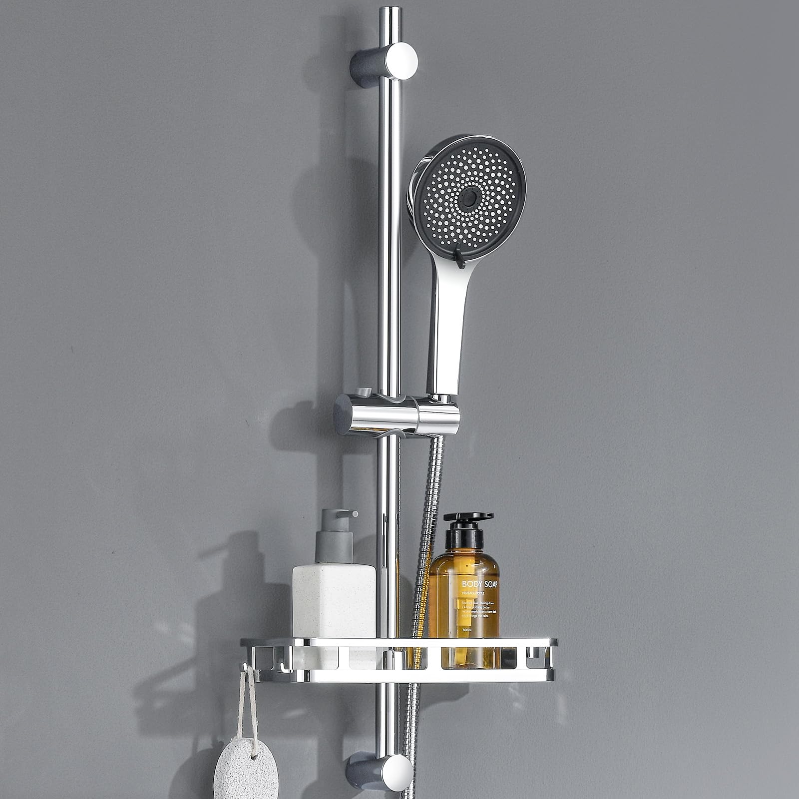 Duschstange Komplettset ohne Duscharmatur, mit ohne Bohren Ablage, 5-fach Handbrause-Höhenverstellbarer, Edelstahl Schlauch, 70cm Duschsystem mit Duschbrause für Kabine/Badewannen, ohne Regendusche