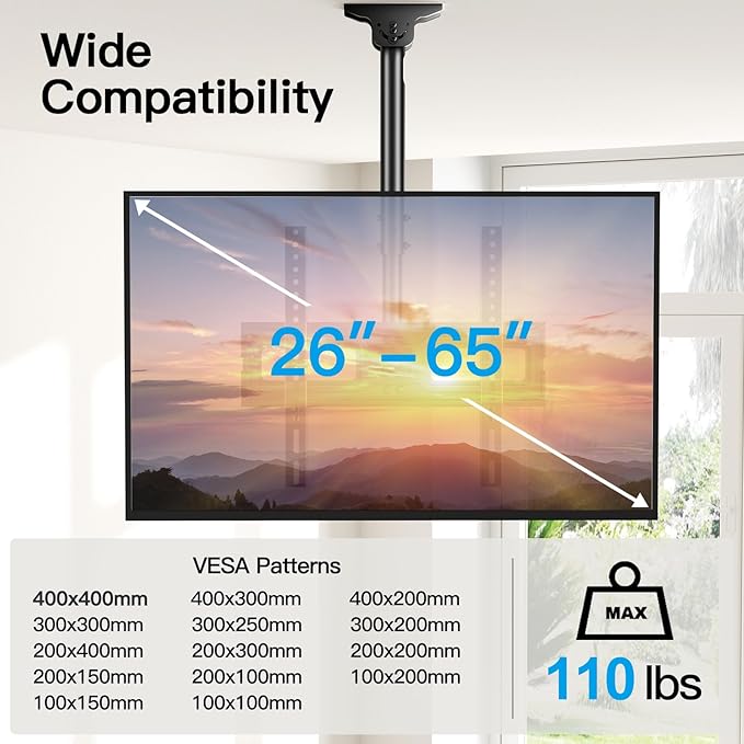 PERLESMITH Ceiling TV Mount for 26-65 inch Flat Screen Displays, Max VESA 400x400mm, Hanging Adjustable Ceiling TV Bracket Fits Most LCD LED OLED 4K TVs, Pole Ceiling Mount Holds up to 110lbs, PSCM2