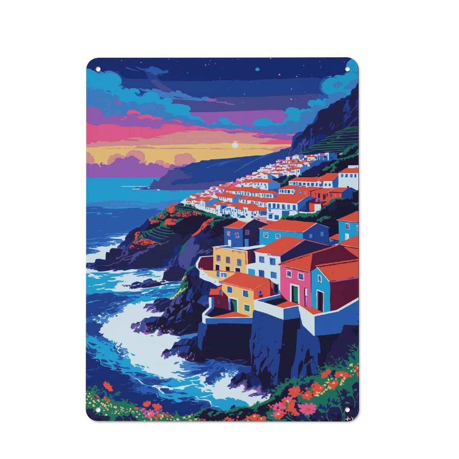 Junmoney Style-10 Classic Vintage Metal Sign 40X30cm Featuring Coastal Village At Sunset Illustration, Classic Pub Decor For Bar, Kitchen, Garage Or Games Room