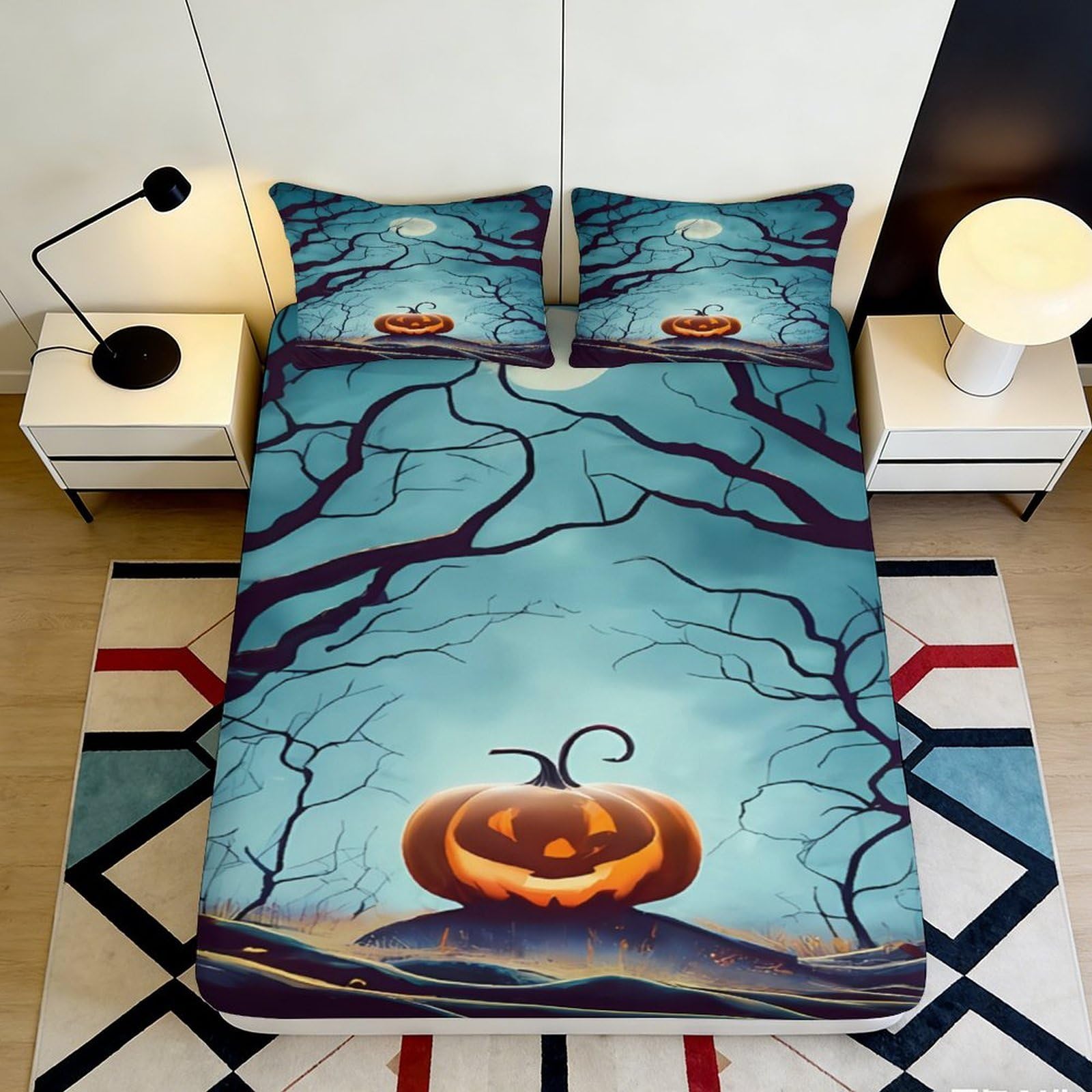 3D Printed Halloween Pumpkin Tree Fitted Sheet Microfiber Non-Slip Deep Pocket Halloween Mattress Fitted Cover for Bedroom 200x200x25cm 90x200x25cm