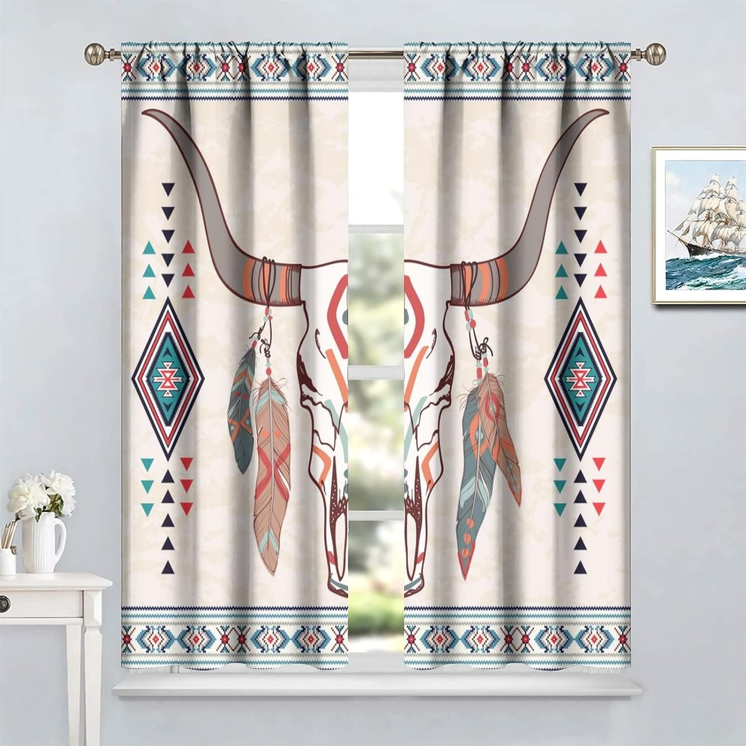 YCness Boho Skull Curtains for Bedroom, Southwestern Ethnic Aztec Window Treatments for Living Room,Tribal Bohemian Bull Skull Pattern Drapes 2 Panel Set,42x63 Inch, Style-2