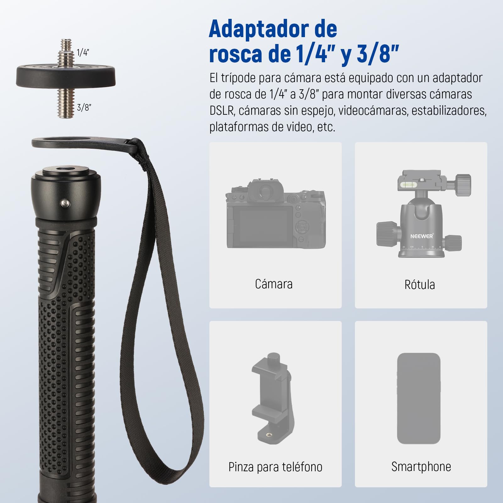 NEEWER 66,5" Monopié Cámara, Ligero Monopié Viaje Aluminio para Videocámaras DSLR, Fotografía y Grabación, Adaptador de Rosca de 1/4" y 3/8", Palo Selfie de Trekking, Carga Máxima de 10kg, TP42