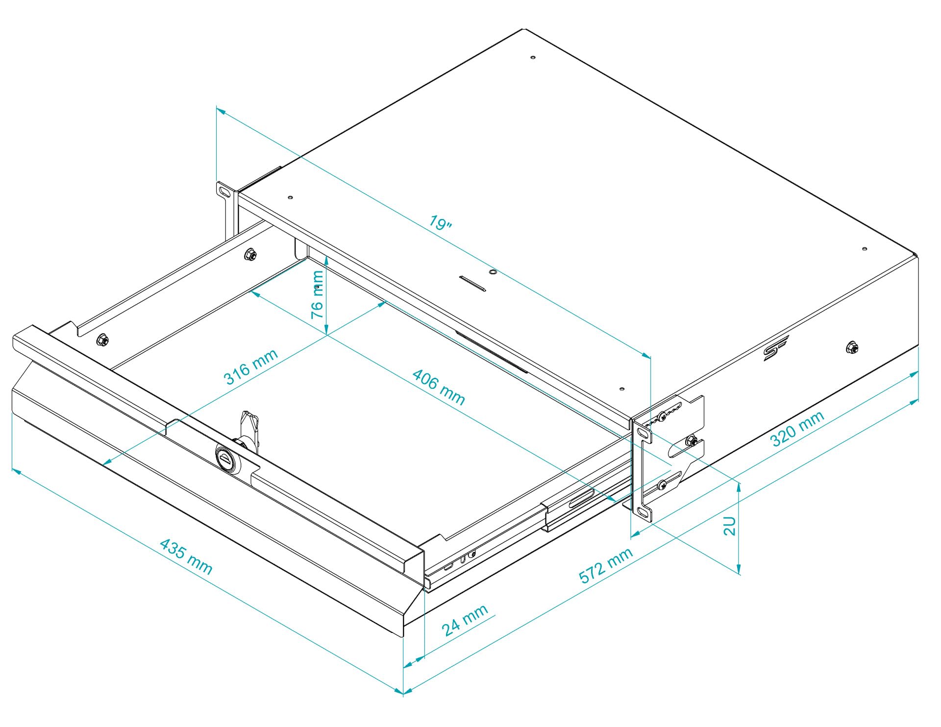 Ripiano 19 pollici 2U - Cassetto per Rack Server 19" in Acciaio per Armadio di Rete e Rack di Cablaggio - Capacità di Carico 25 kg - 320 mm Profondità - Accessori Rack
